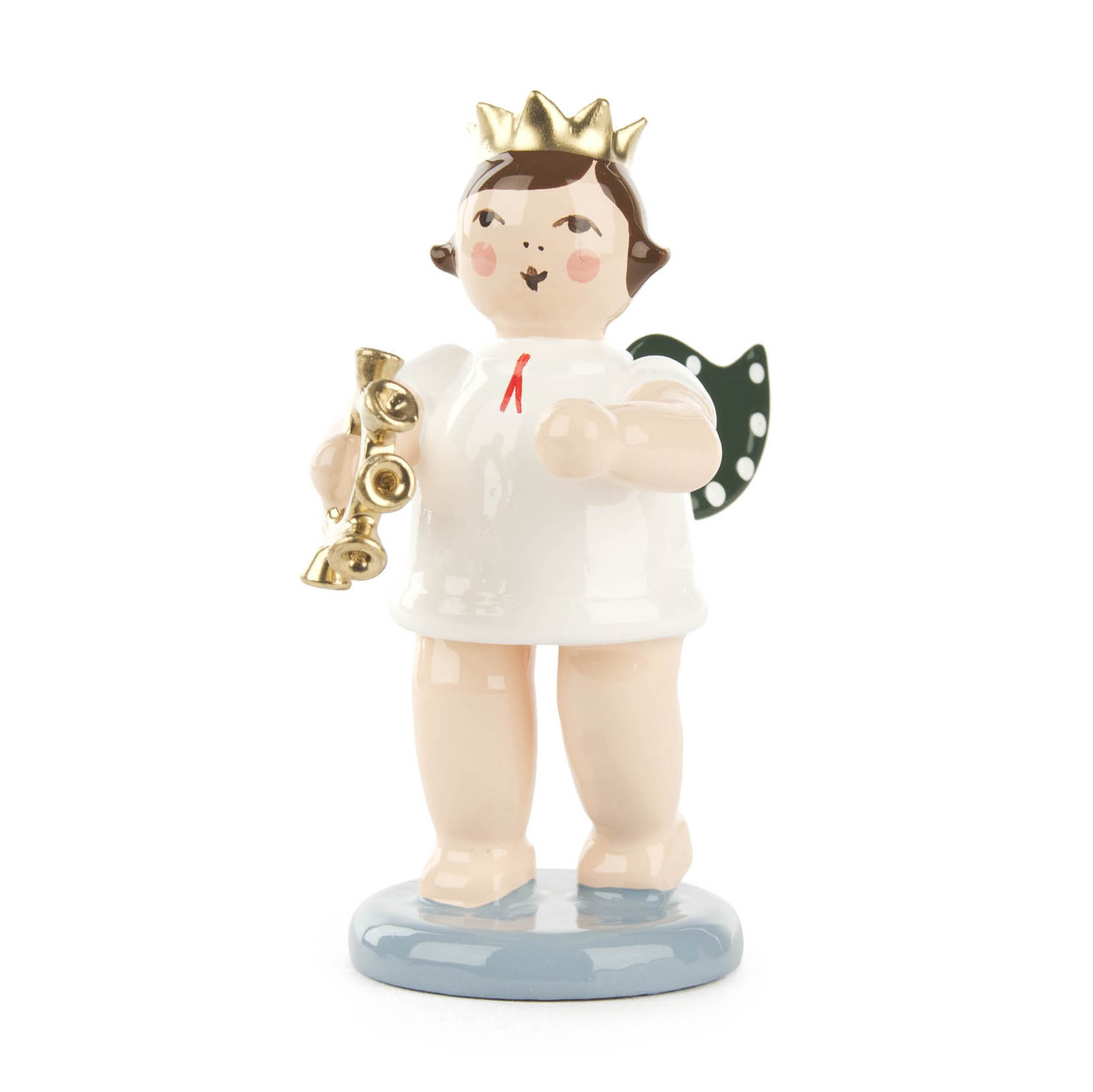 A figurine of an angel with a crown and green wings, holding a small bell garland. The angel is dressed in white and stands on a round base. im Dregeno Online Shop günstig kaufen