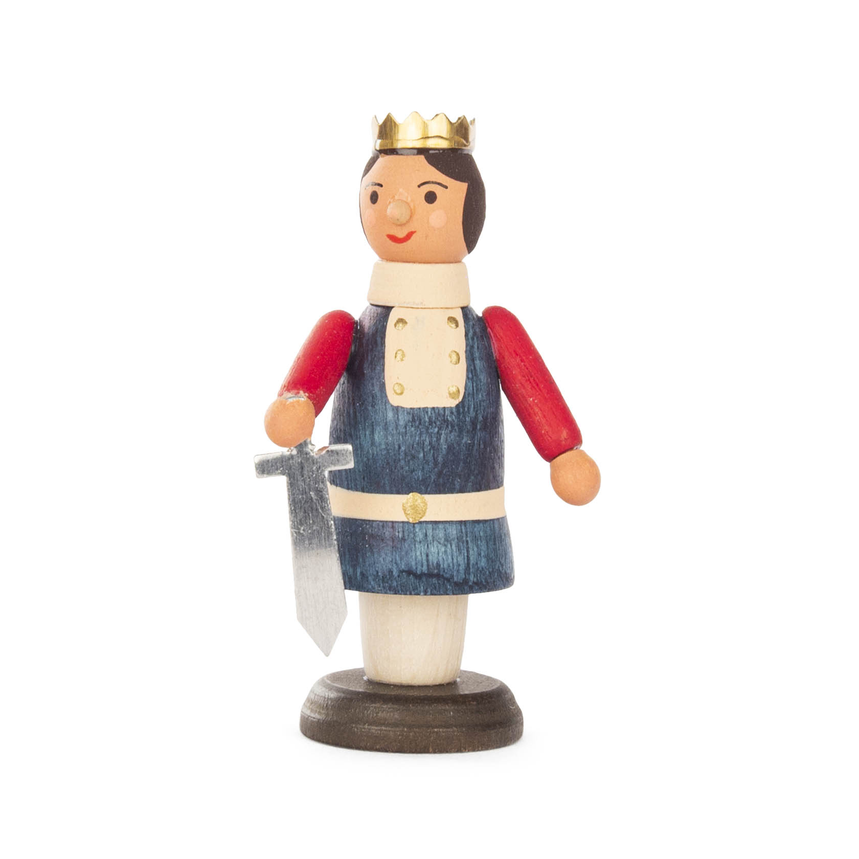 Holzfigur eines Prinzen mit goldener Krone, rotem Mantel, blauem Hemd und einem silbernen Schwert in der Hand.