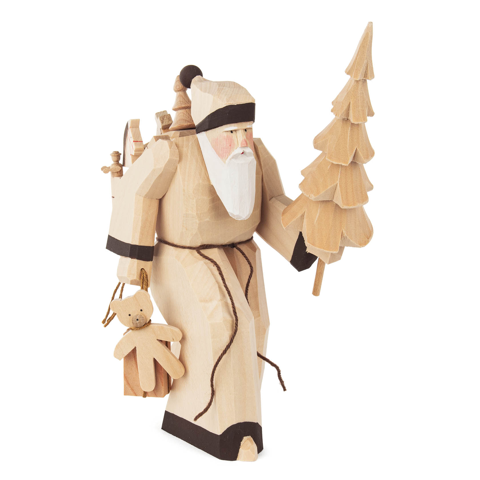 A carved wooden Santa Claus figure holding a natural wood tree and a teddy bear, wearing a robe with a long beard and a sack on his back. im Dregeno Online Shop günstig kaufen