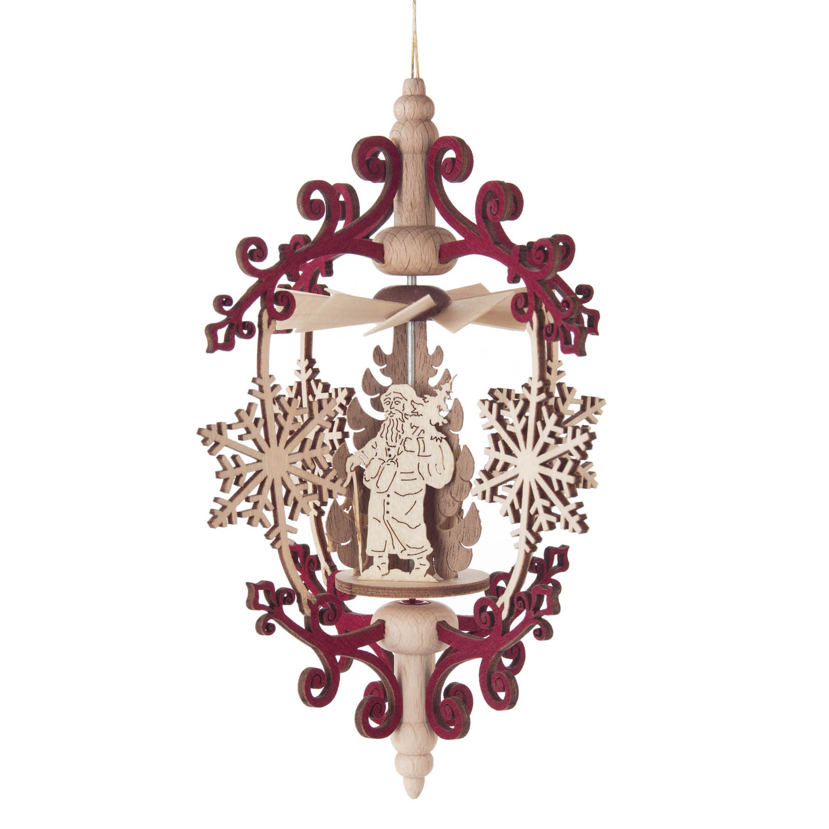 Holz-Deko mit Weihnachtsmannfigur in der Mitte, umgeben von roten Ornamenten und weißen Schneeflocken, zum Aufhängen. im Dregeno Online Shop günstig kaufen