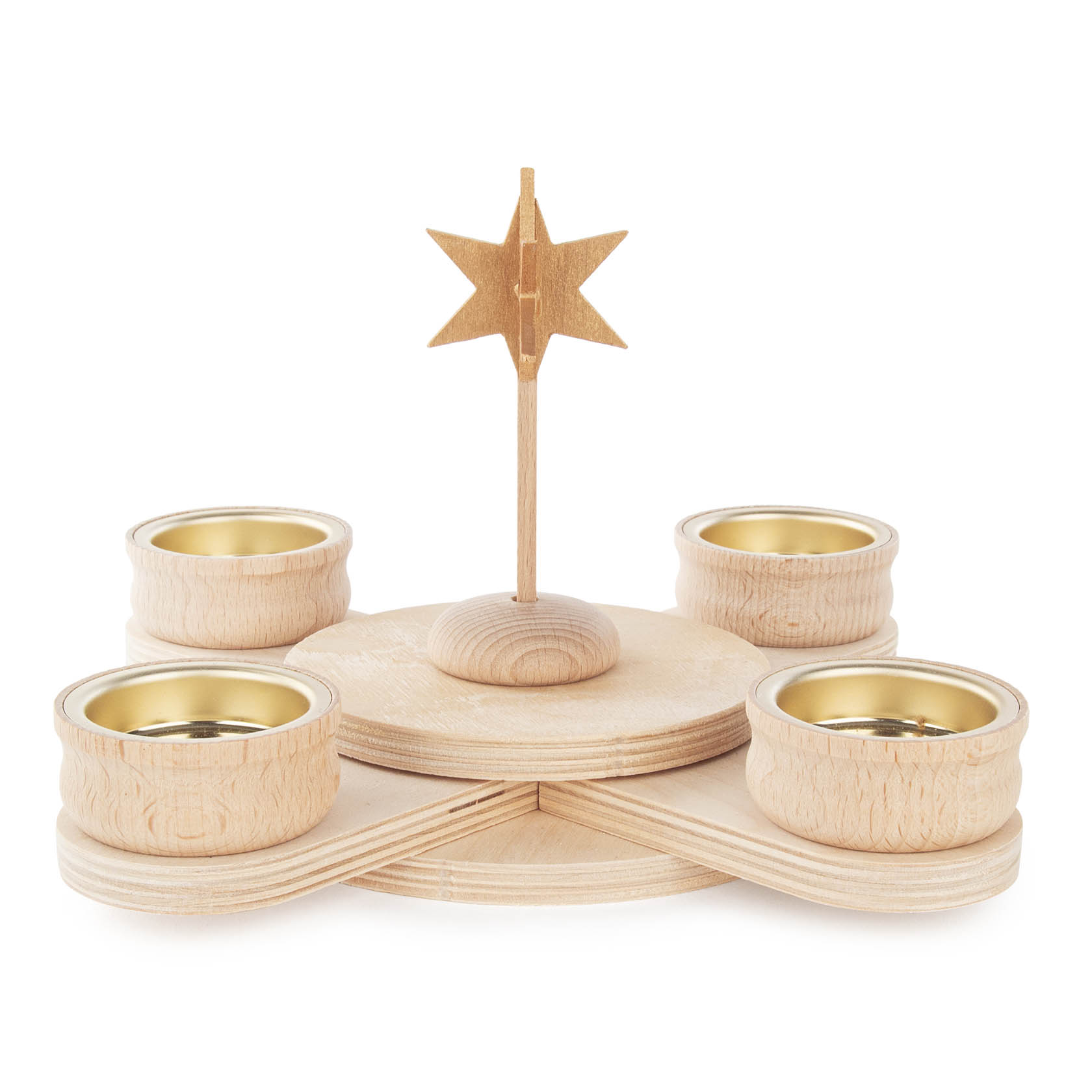 Wooden cross-shaped tea light holder set with a central star, capable of holding four tea lights, with a natural wood finish. im Dregeno Online Shop günstig kaufen