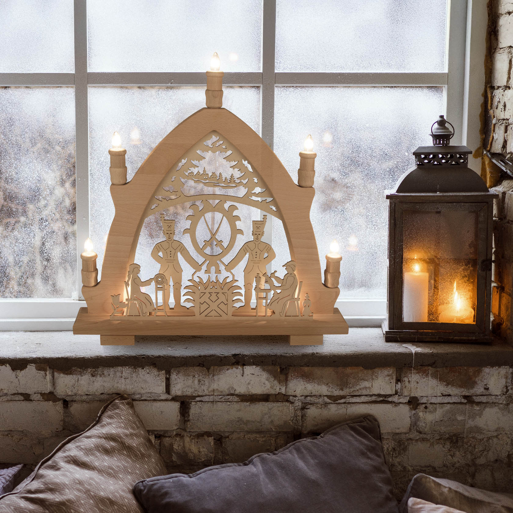 Electric candle arch with intricately carved figures of miners and traditional symbols, placed on a windowsill.