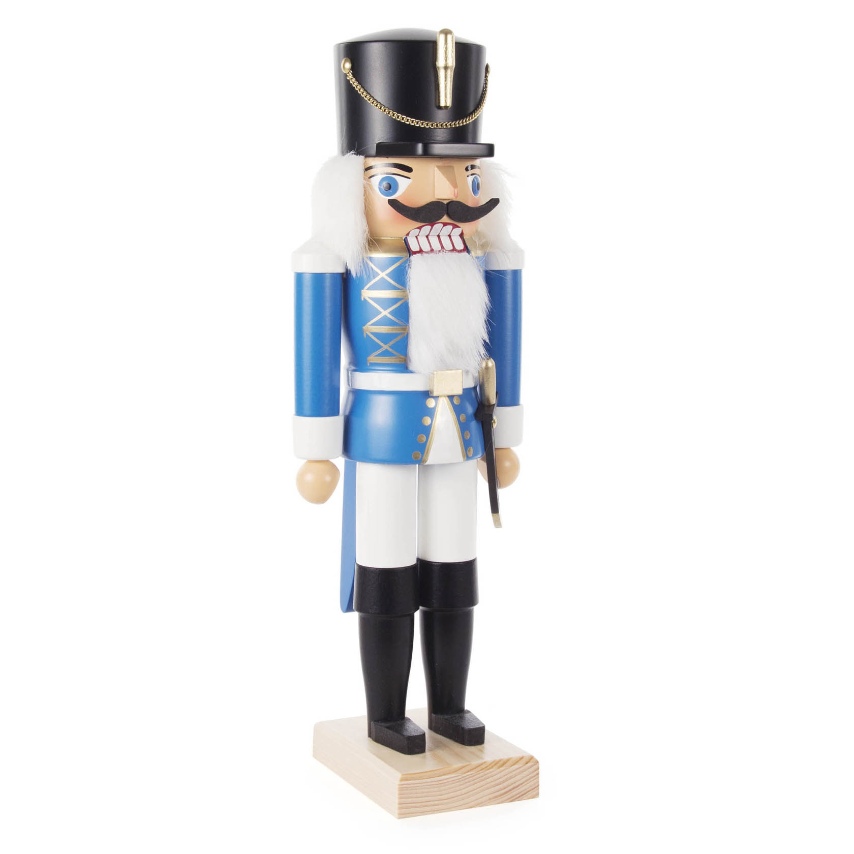 Ein 34 cm großer Nussknacker in Form eines blauen Husaren mit schwarzem Hut, goldener Verzierung, weißem Bart und Schnauzbart sowie rotem Kinnriemen.