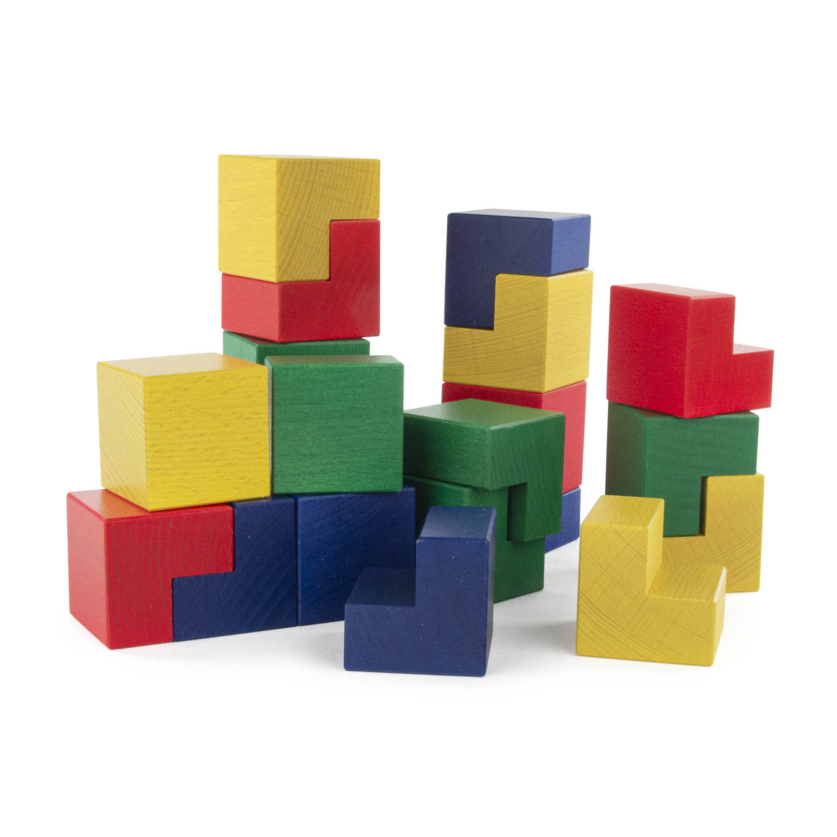 Colorful wooden blocks stacked in various formations, featuring red, blue, yellow, and green pieces.