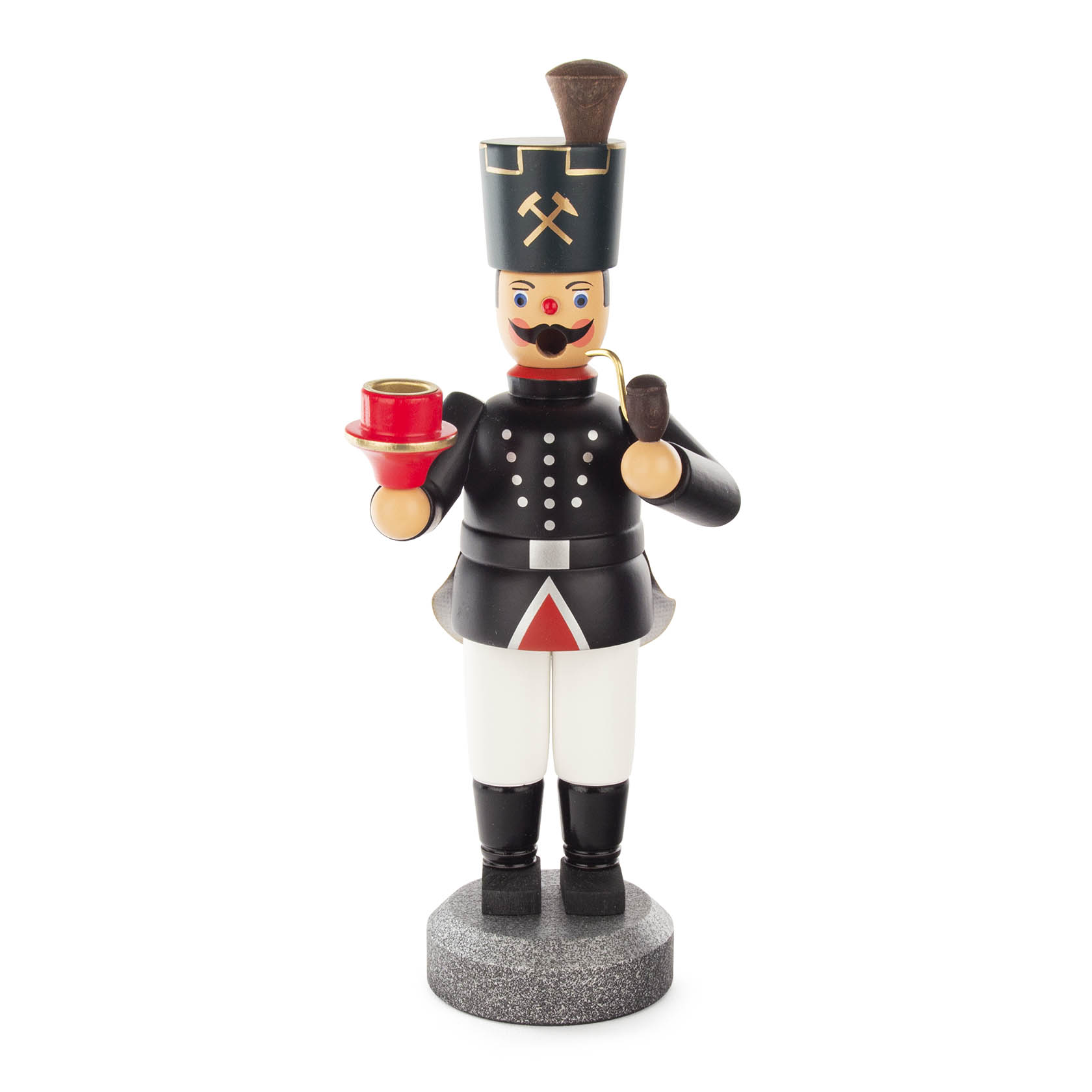 Räuchermann in traditioneller Bergmann-Tracht mit schwarzem Hut und Uniform, hält einen roten Kerzenhalter rechts und eine Pfeife links. im Dregeno Online Shop günstig kaufen