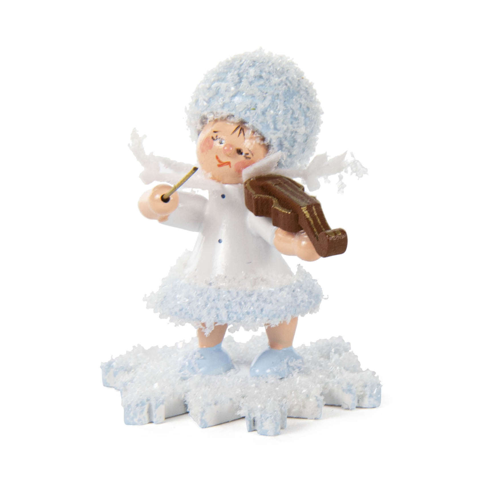 A figurine of a snowflake girl playing a violin, wearing a fluffy blue and white dress and hat, standing on a snowflake-shaped base. im Dregeno Online Shop günstig kaufen