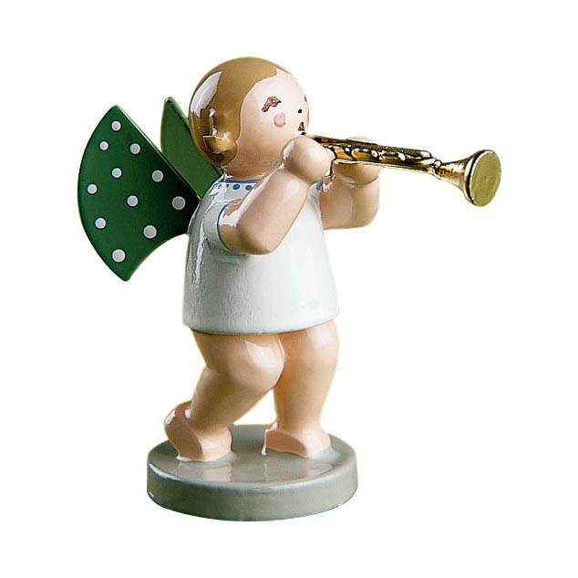 A small, painted wooden angel figurine playing a golden trumpet. The angel has short blonde hair, white wings with green polka dots, and wears a white robe. im Dregeno Online Shop günstig kaufen