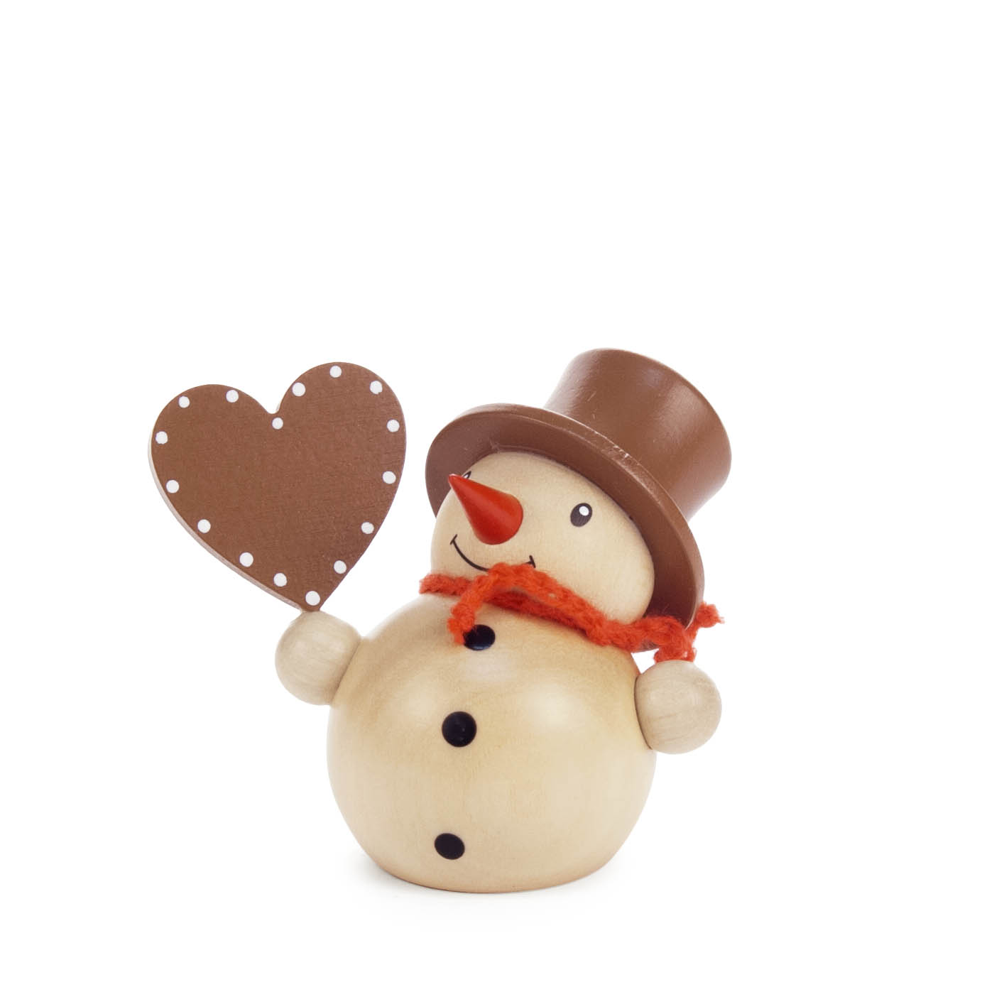 Holzschneemann mit braunem Zylinder und oranger Mütze, der ein braunes Herz mit weißen Punkten in der Hand hält. im Dregeno Online Shop günstig kaufen