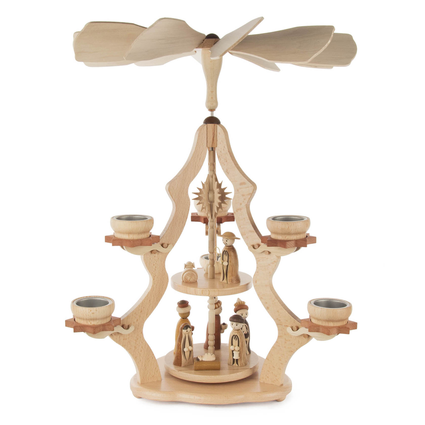 Zweistufige Pyramide aus Holz mit der Darstellung der Geburt Christi und Figuren der Heiligen Familie in der Mitte, umgeben von vier Teelichthaltern. im Dregeno Online Shop günstig kaufen
