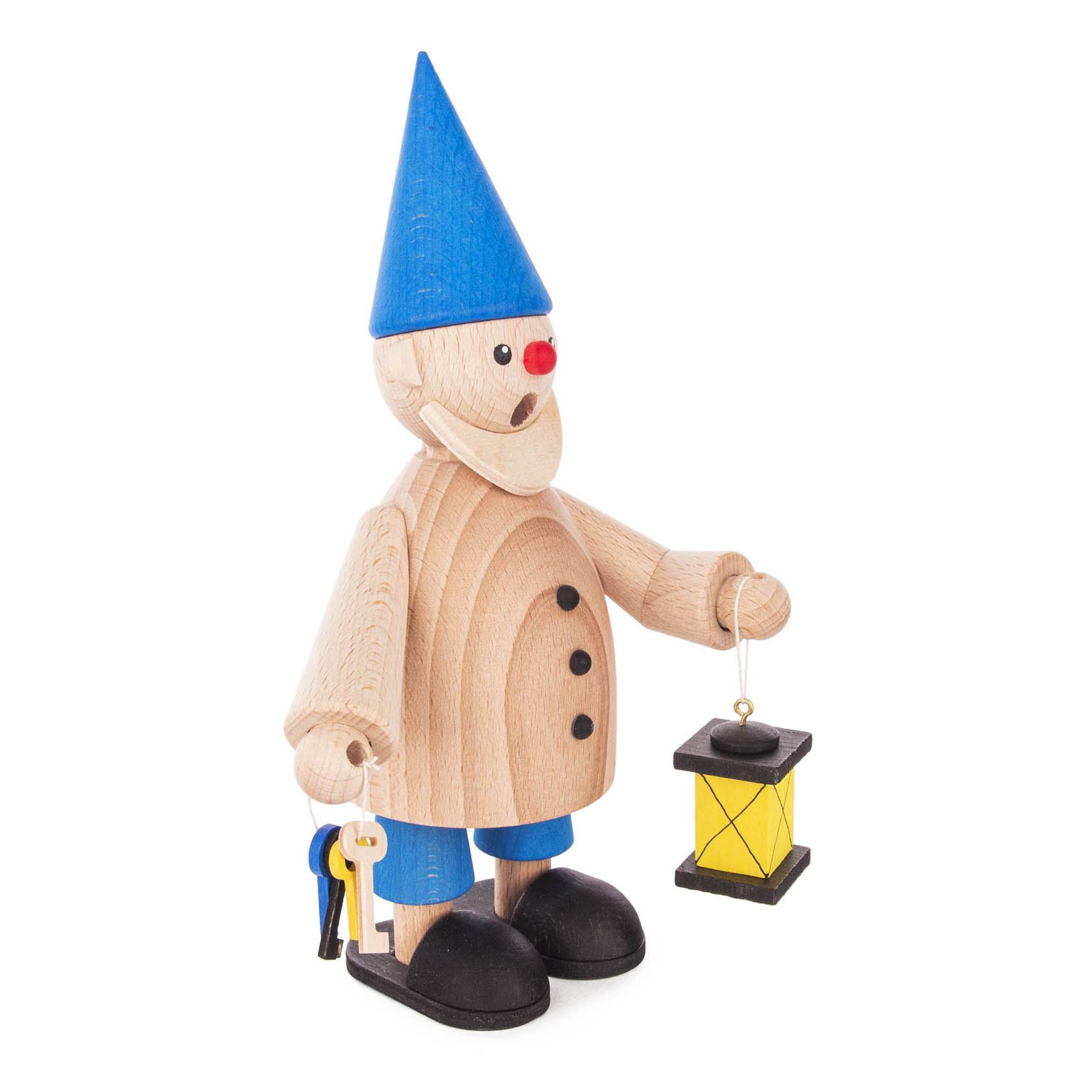 A 22cm wooden incense smoker set featuring a gnome holding a lantern and a key. The gnome has a blue hat, beige body, and black shoes. im Dregeno Online Shop günstig kaufen