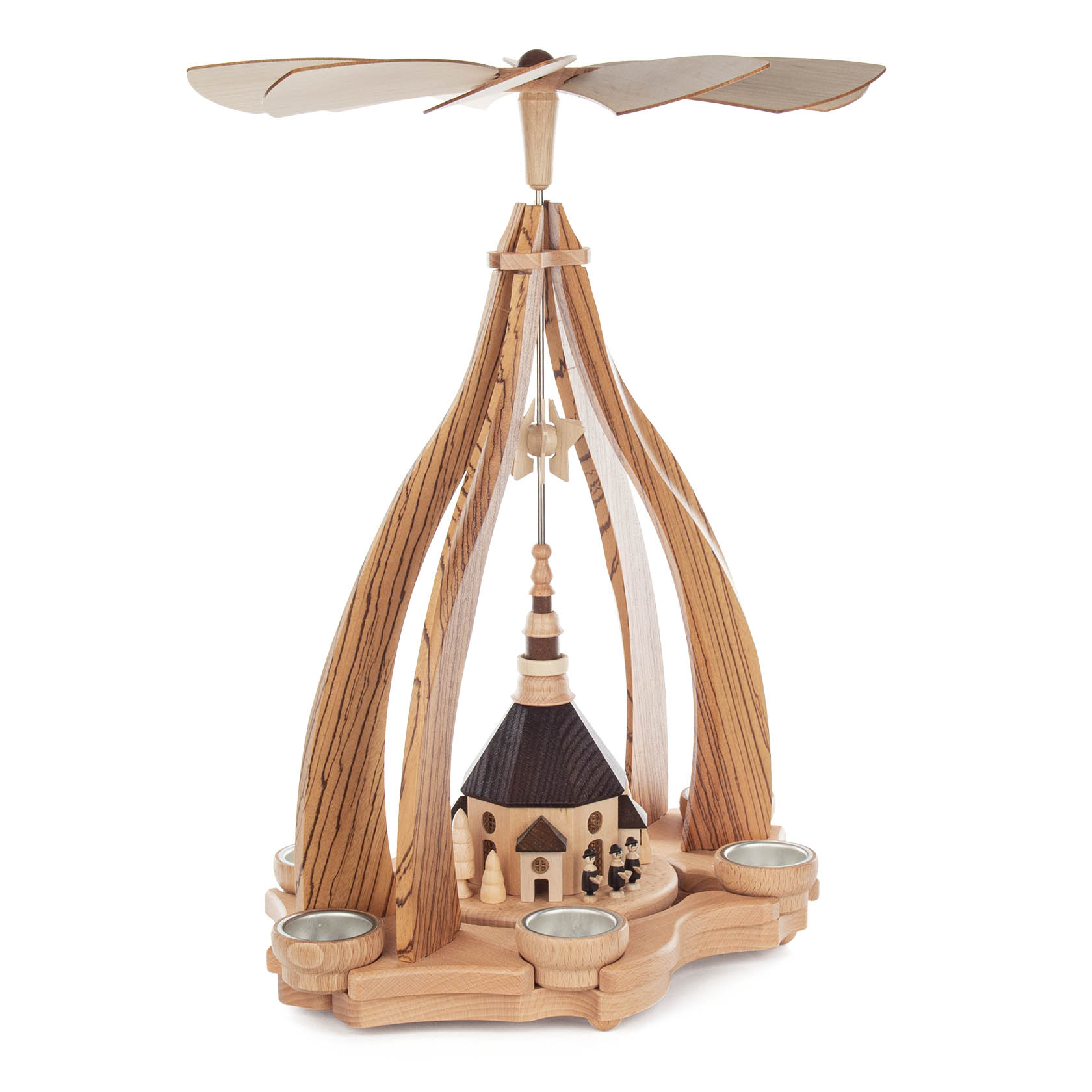 Wooden pyramid with a central Seiffener Kirche design, surrounded by tealight holders, featuring Zebrano wood blades and an intricate structure.