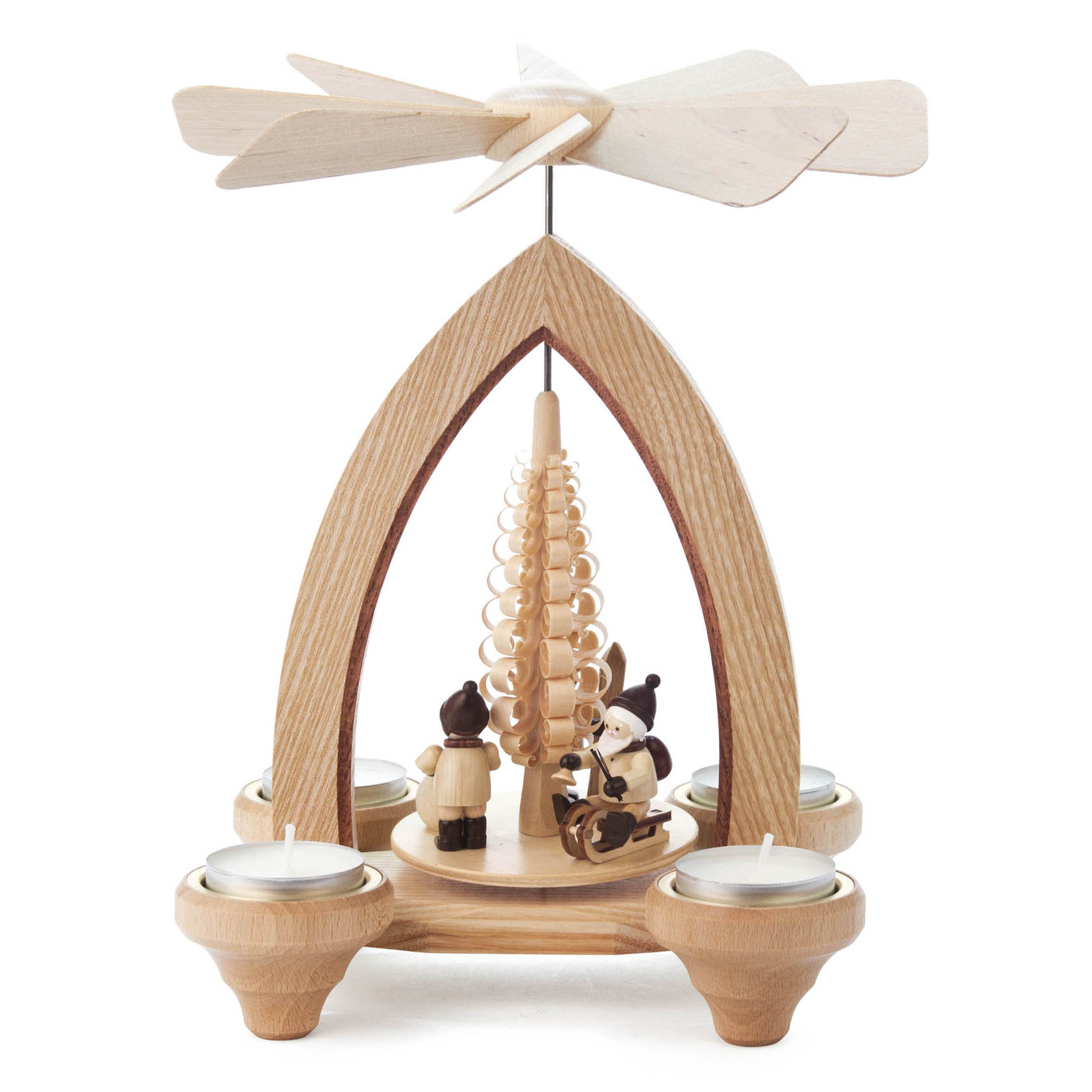 Pyramide mit Weihnachtsmann und Winterkindern, für Teelichte
