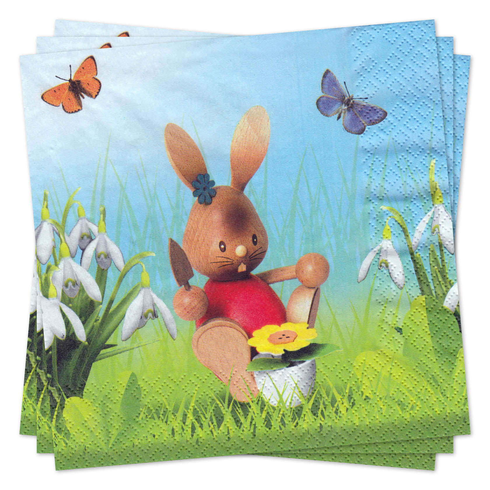 Servietten mit dem Motiv eines Hasen mit einer Gießkanne, umgeben von Schneeglöckchen, einem Schmetterling und einer Wiese.