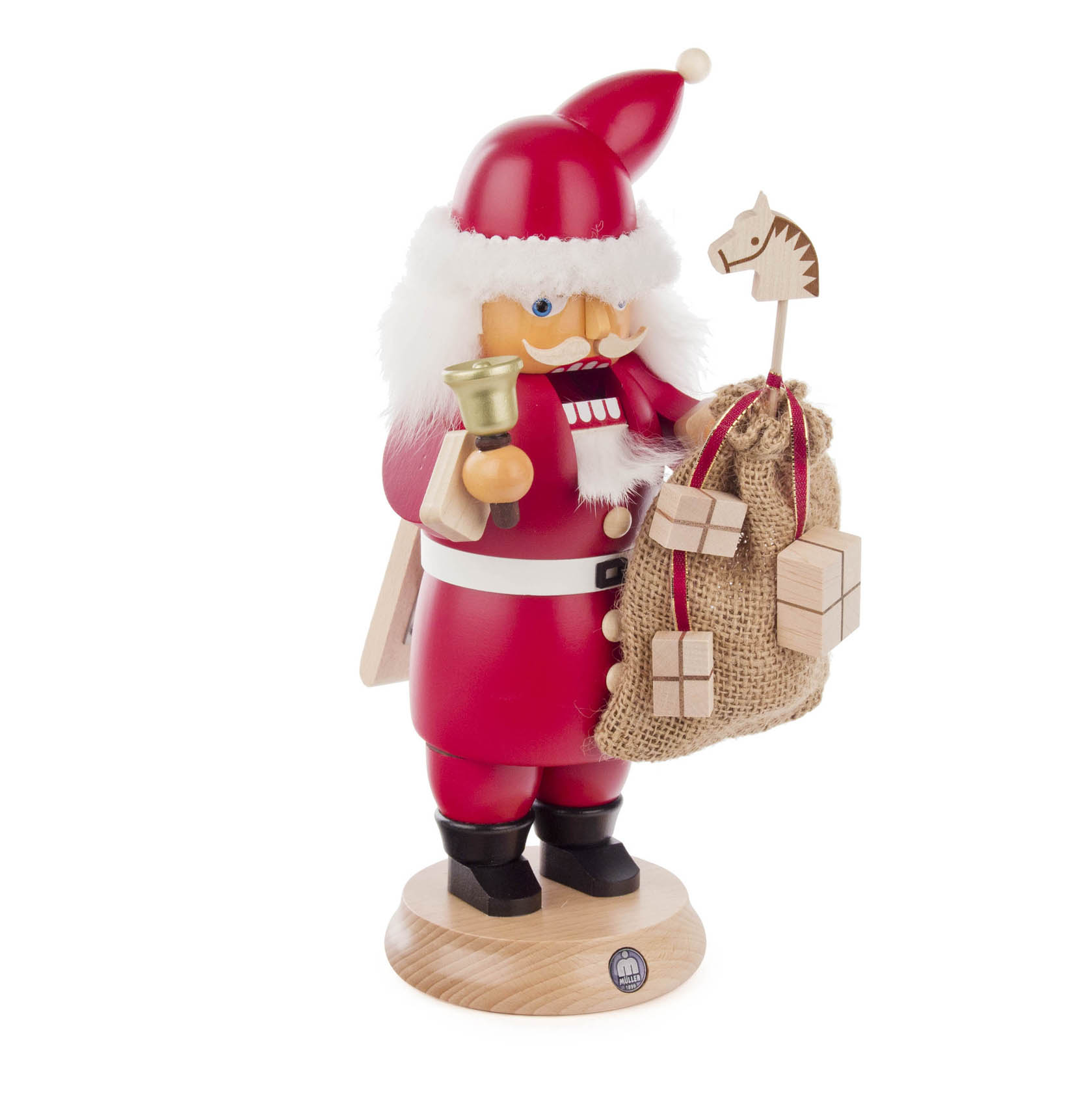 Rauchender Nussknacker in Form eines Weihnachtsmanns, der eine Glocke und einen Sack mit Geschenken hält, gekleidet in rotem Anzug mit weißem Bart.