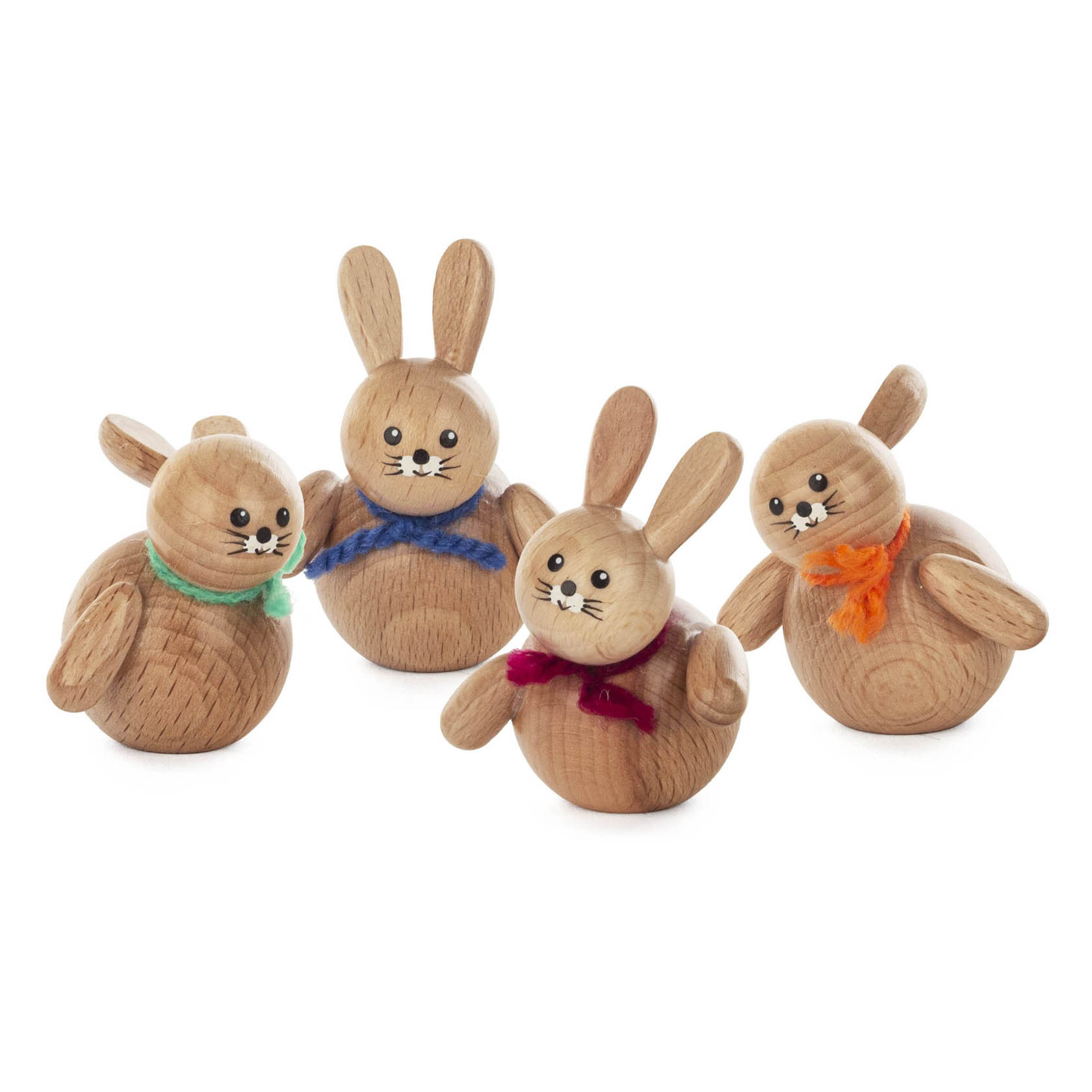 Four wooden rabbit figures standing upright, each with distinct colored scarves: blue, green, red, and orange. im Dregeno Online Shop günstig kaufen