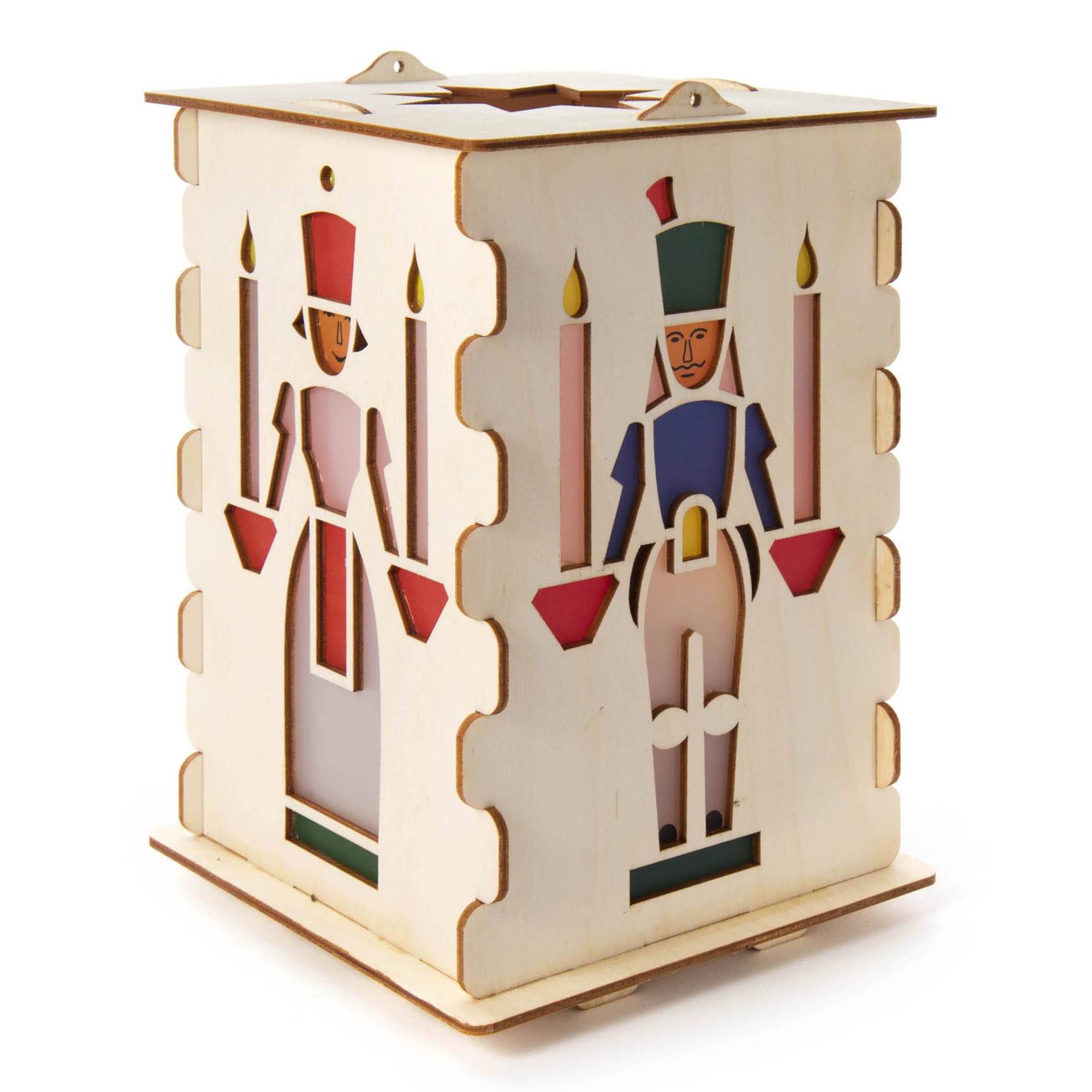 A wooden table lantern craft set featuring painted figures of traditional soldiers and candle motifs on its sides.
