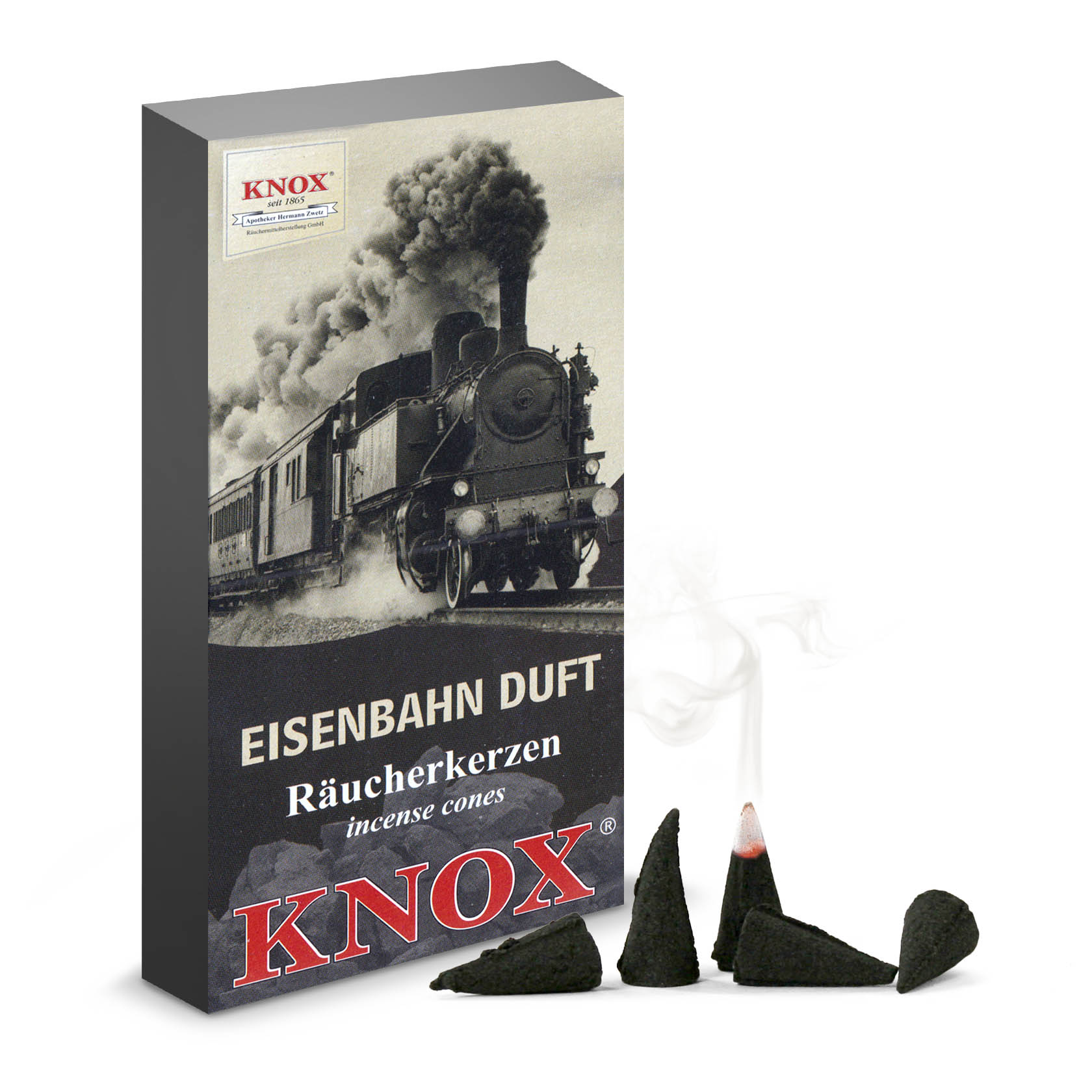 Eine Packung KNOX Räucherkerzen mit dem Aufdruck 'Eisenbahn Duft', zeigt einen alten Dampflok-Zug im Schwarz-Weiß-Design. Vor der Packung stehen vier schwarze Räucherkerzenkegel, einer brennt. im Dregeno Online Shop günstig kaufen