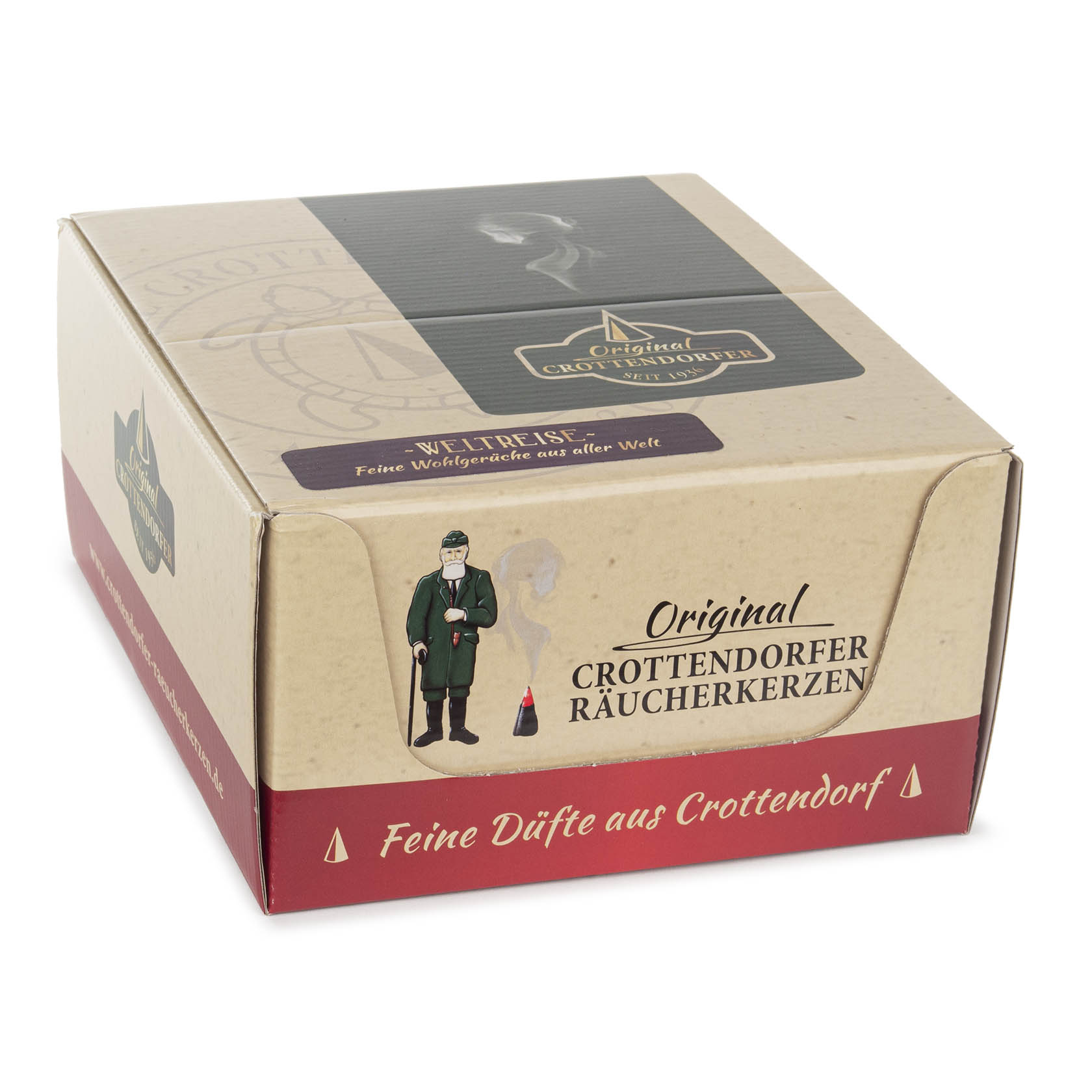 Verpackung von Crottendorfer Räucherkerzen mit Aufschrift 'Weltreise' und Abbildung eines Mannes mit Pfeife und Rauch.
