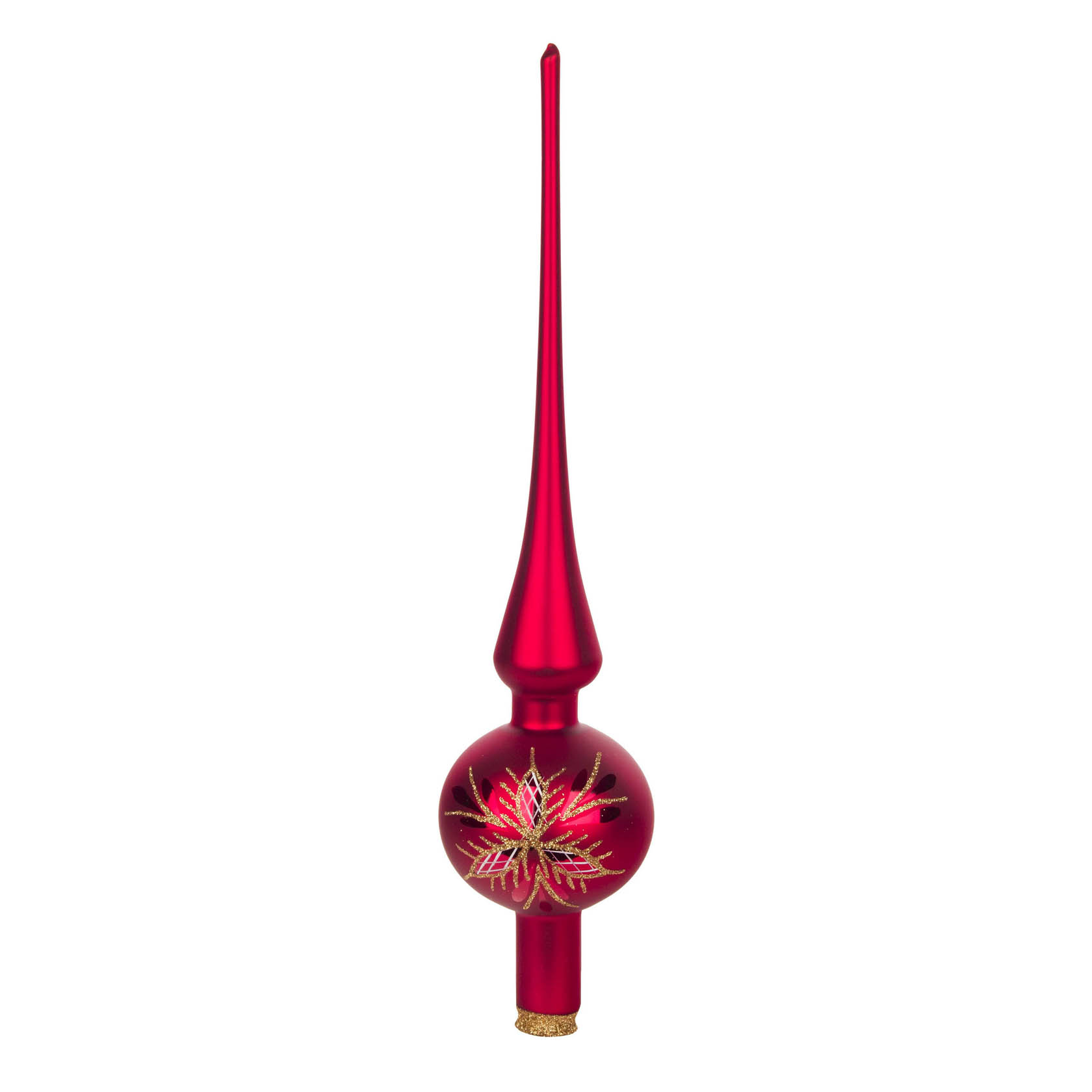 A red-matte tree topper with a waffle pattern, measuring 27cm in height. It features a pointed top above a spherical base with a decorative design.