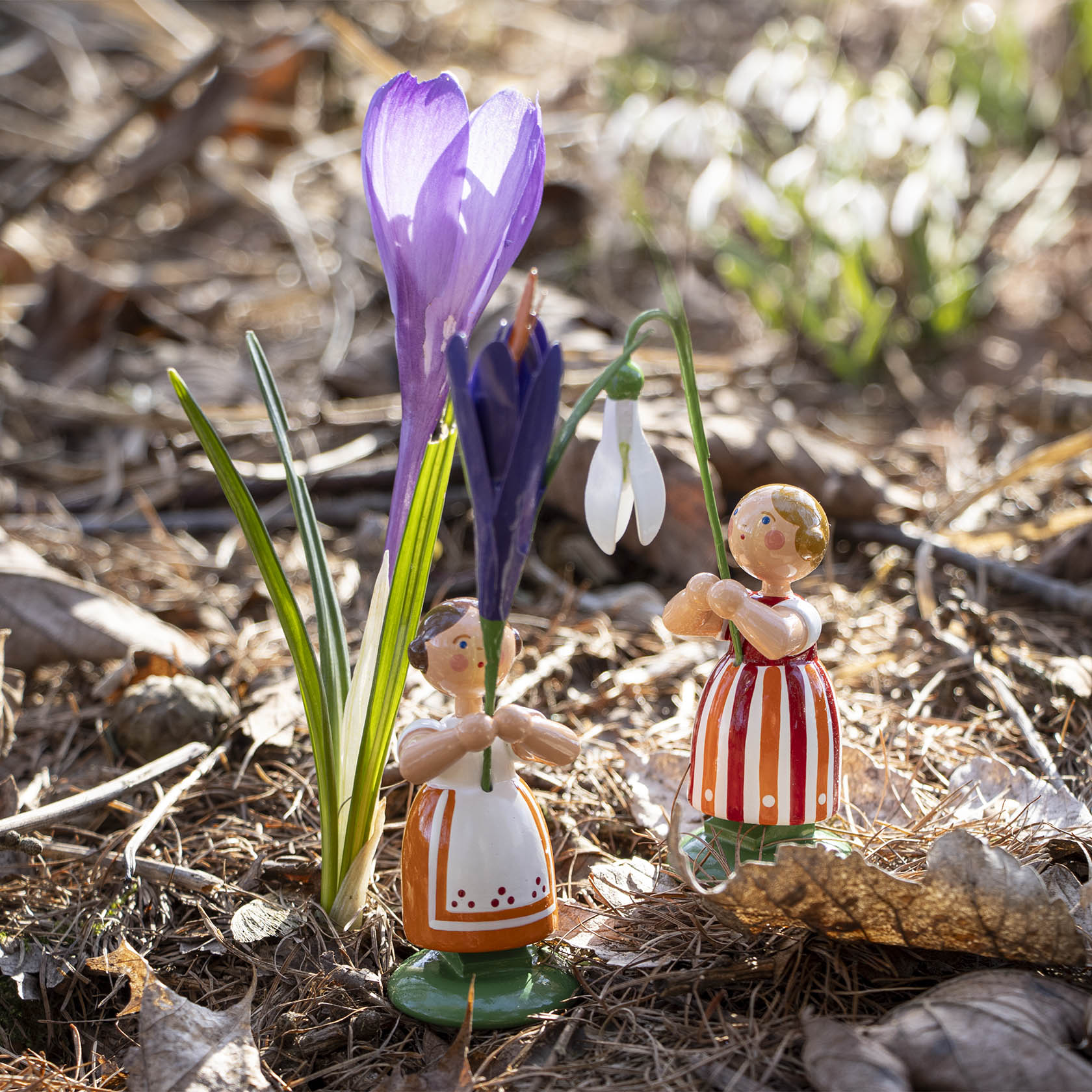 Two wooden flower girl figurines standing on the forest ground, holding a purple crocus and a snowdrop.