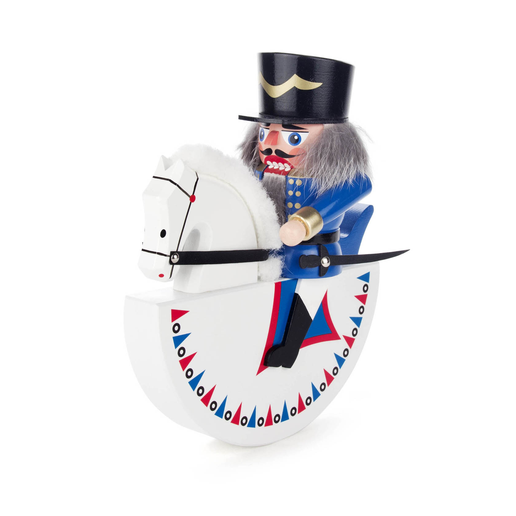 Holzfigur Reiterlein Nussknacker in Form eines Husaren, in blauer Uniform, auf einem weißen Schaukelpferd sitzend, mit schwarzen Stiefeln und einem Säbel.