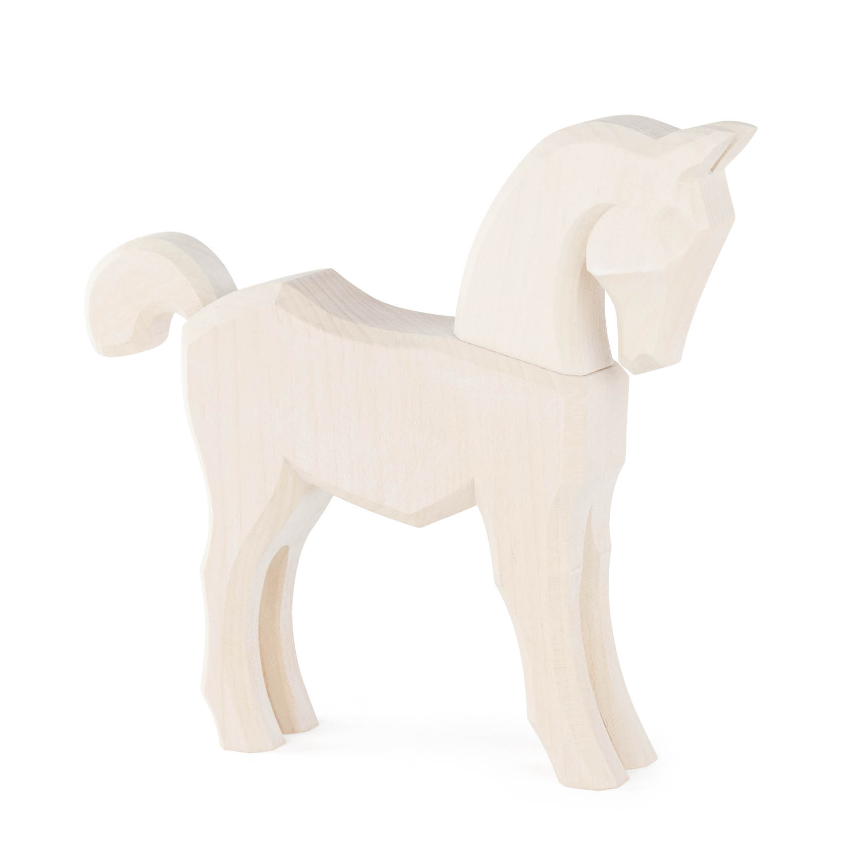 Ein hölzernes, weißes Pferd ohne Mähne. Das Pferd hat eine stilisierte Form mit angedeuteten Beinen und Kopf. im Dregeno Online Shop günstig kaufen