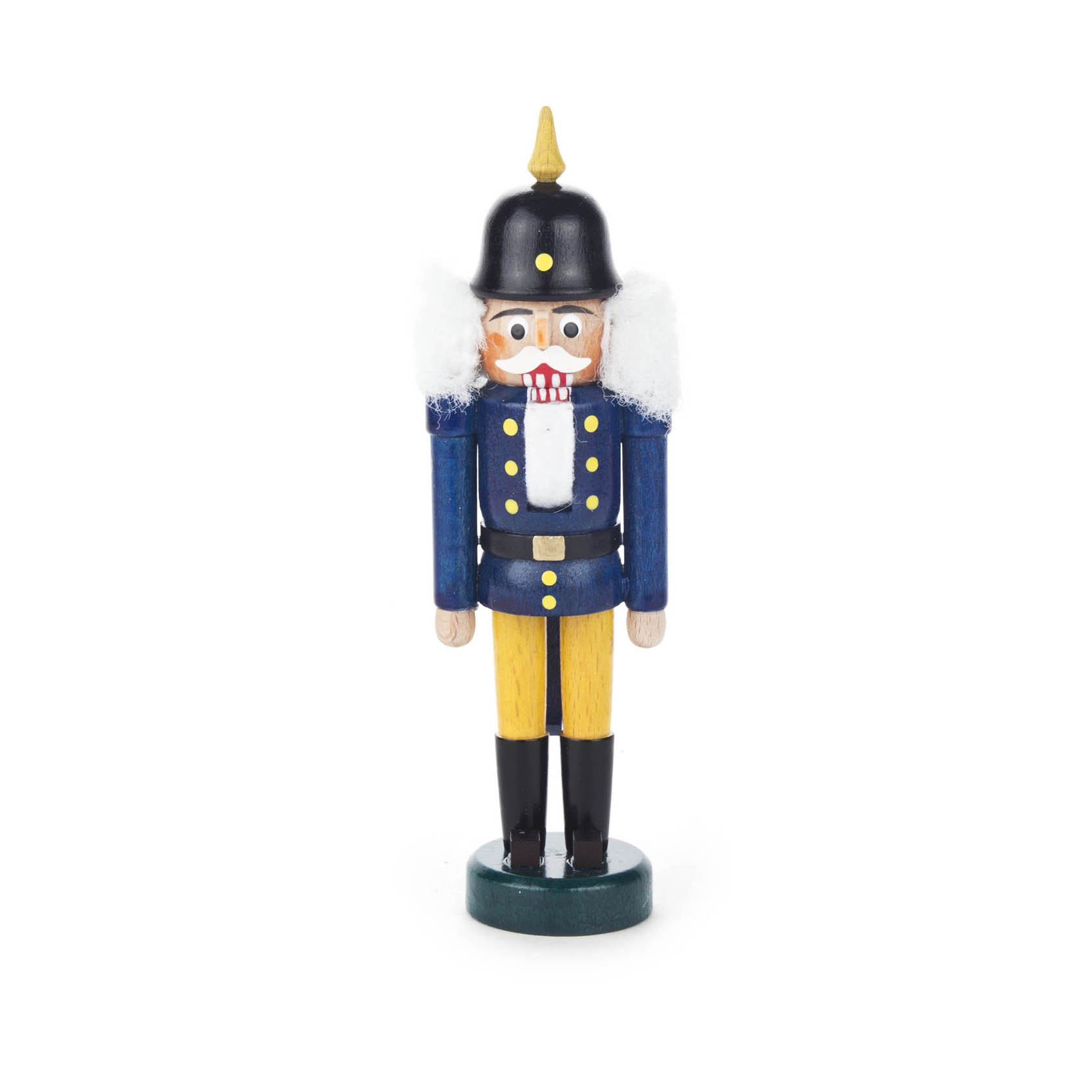Holznussknacker in traditioneller Erscheinung, bekleidet mit einer blauen Jacke und gelben Hosen. Trägt eine schwarze Pickelhaube mit goldenem Spitz. im Dregeno Online Shop günstig kaufen
