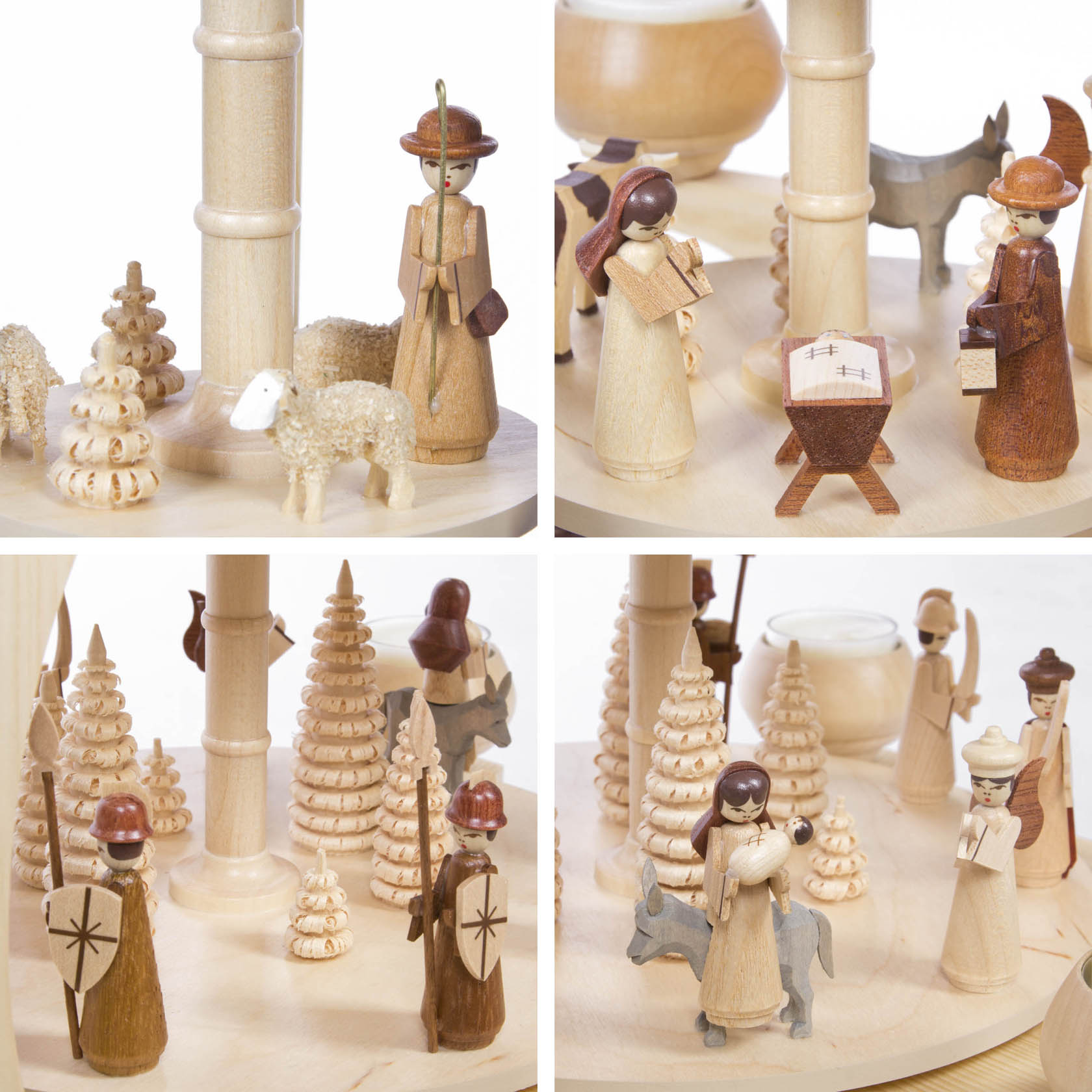 Four-level Christmas pyramid with Nativity scene featuring wooden figures of Mary, Joseph, baby Jesus in a manger, shepherds, sheep, and trees, designed for tealight candles.