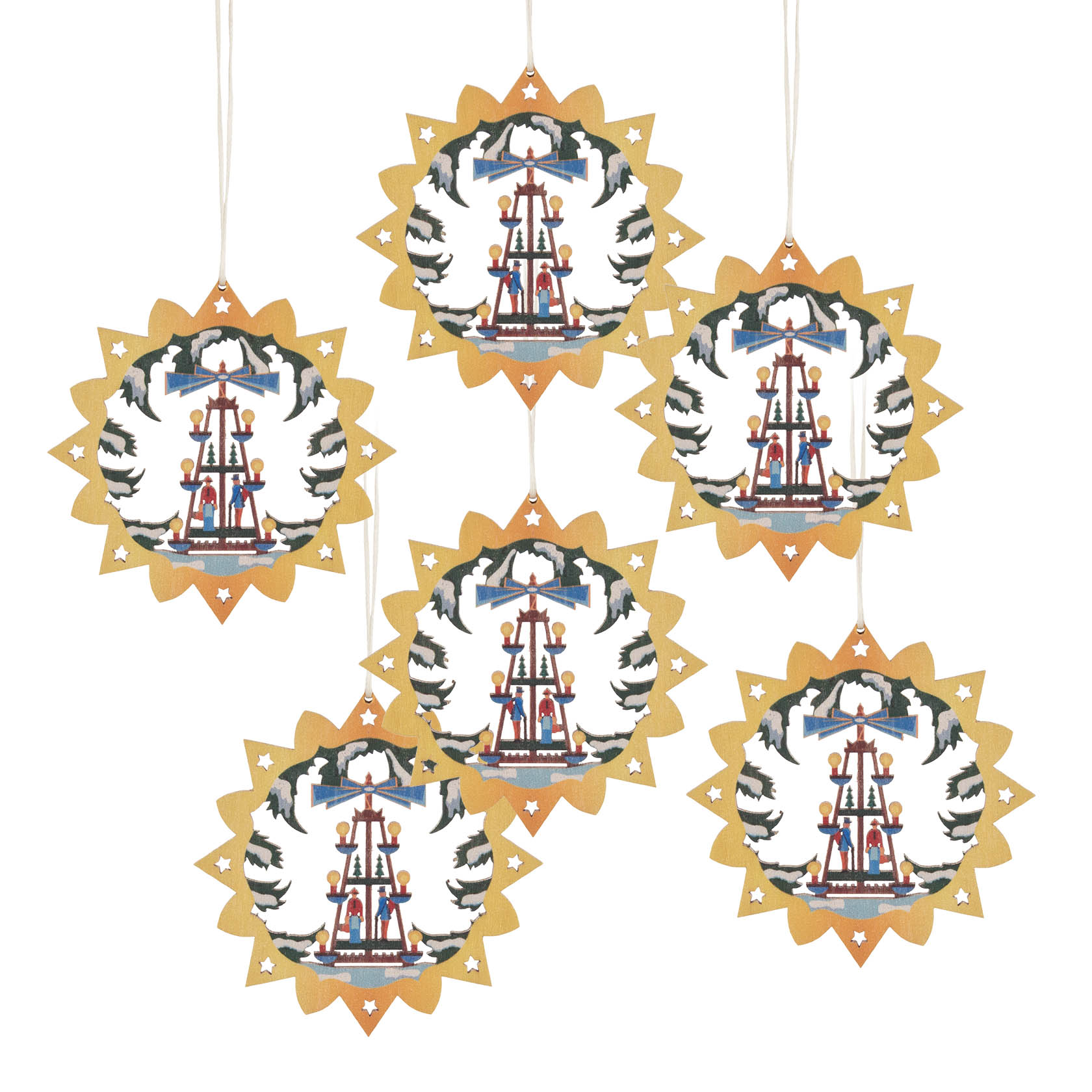 Sechs runde, hängende Pyramidenornamente mit bunten Details und goldenen Rändern, die in einer sternförmigen Kontur eingefasst sind. im Dregeno Online Shop günstig kaufen