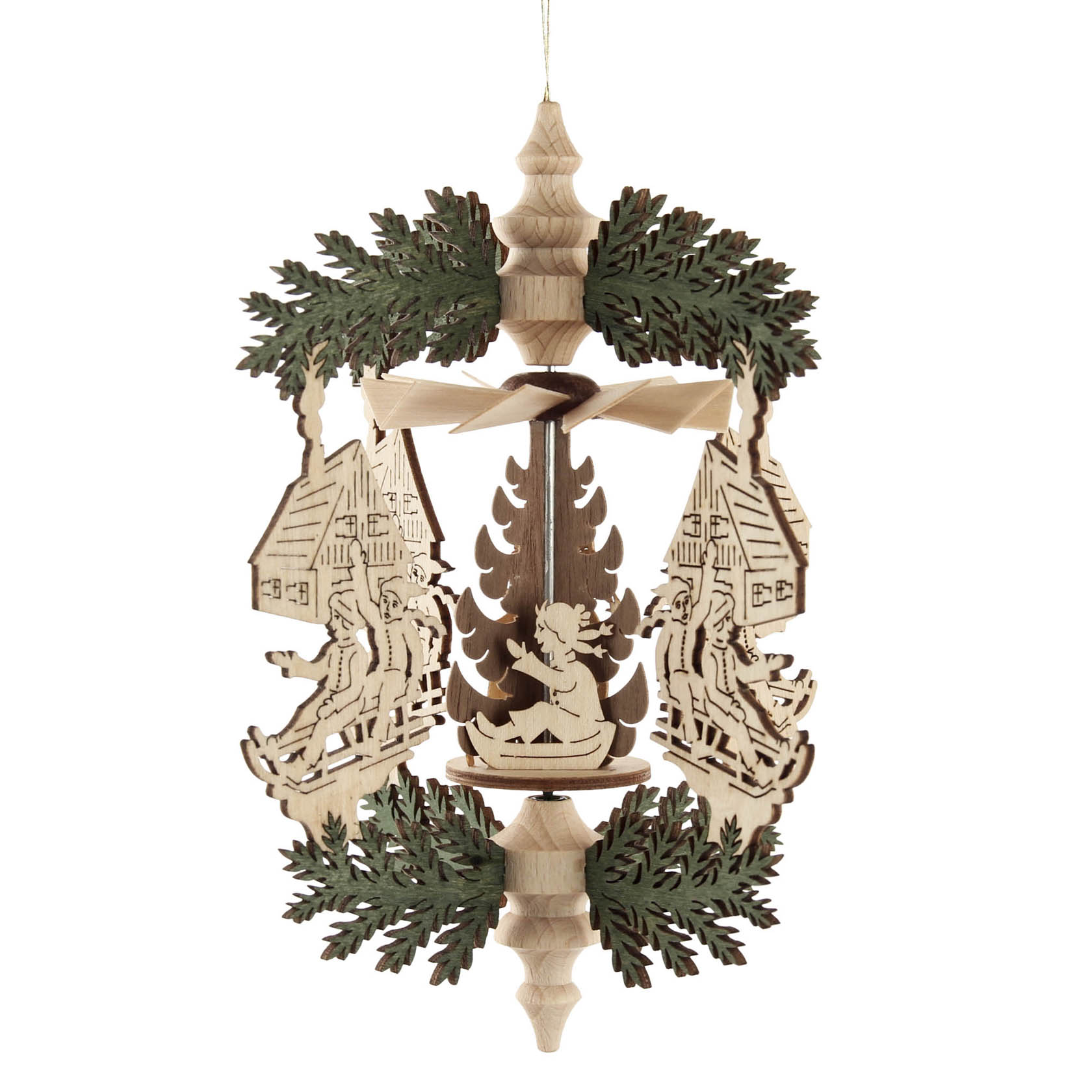 Hanging Christmas wreath features a wooden sled with cut-out figures of winter children around a central decorative element.