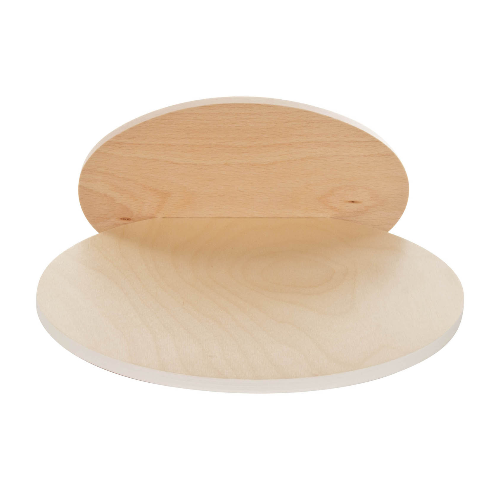 Holzwandhalterung aus massivem Holz mit ovalem Design, bestehend aus zwei verbundenen Holzplatten, eine vertikal und eine horizontal ausgerichtet.