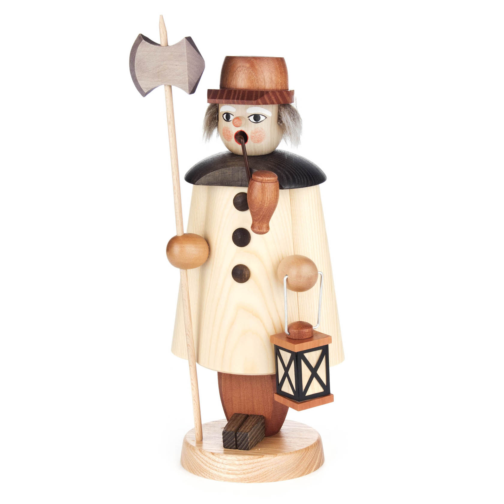 Holzfigur eines großen, naturbelassenen Räuchermanns in Form eines Nachtwächters, mit Pfeife, Laterne und Hellebarde. im Dregeno Online Shop günstig kaufen