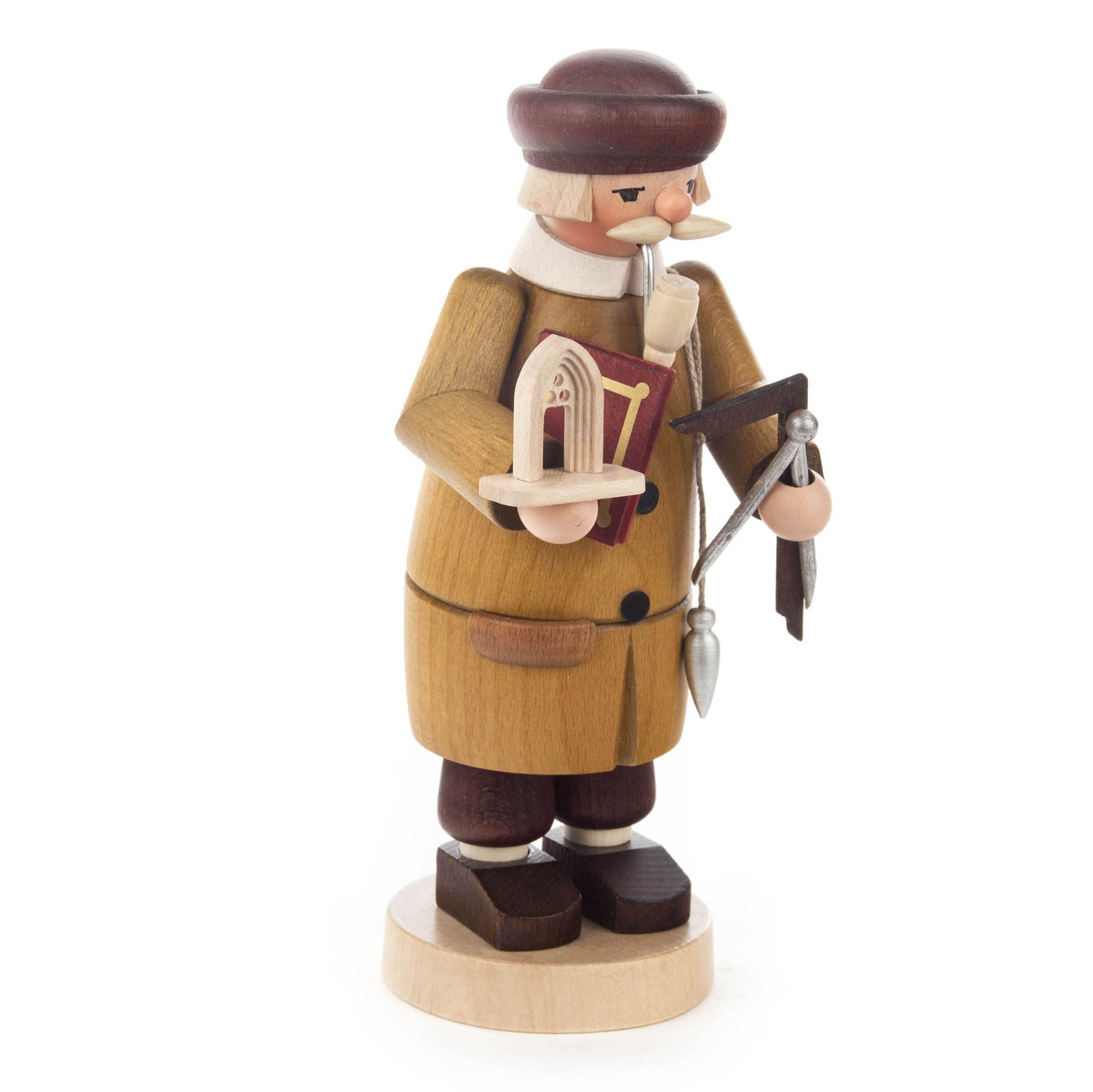 Wooden incense smoker figurine of a craftsman in traditional attire, holding building tools such as a hammer and square, with a miniature house.