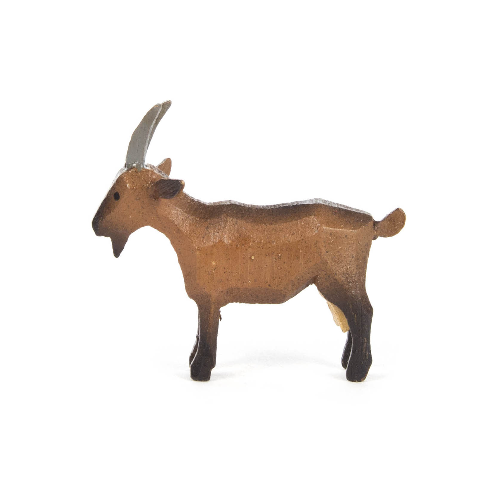 Braune Ziegenfigur aus Holz mit aufgerichteten Ohren und kurzen Hörnern, stehende Haltung. im Dregeno Online Shop günstig kaufen