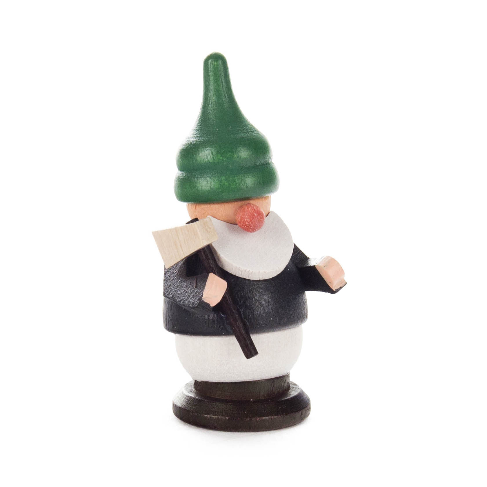 Holzfigur eines Bergwerkszwergs mit grüner Zipfelmütze und schwarzem Mantel, der eine kleine braune Axt in der rechten Hand hält. im Dregeno Online Shop günstig kaufen