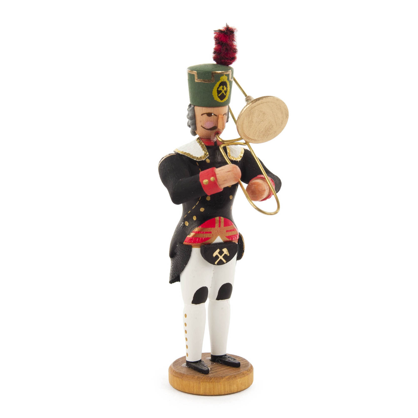 Holzfigur eines Bergmanns in schwarzer Uniform mit rotem und goldenem Besatz, der eine Posaune spielt. Der Bergmann trägt einen grünen Hut mit rotem Pompon. im Dregeno Online Shop günstig kaufen