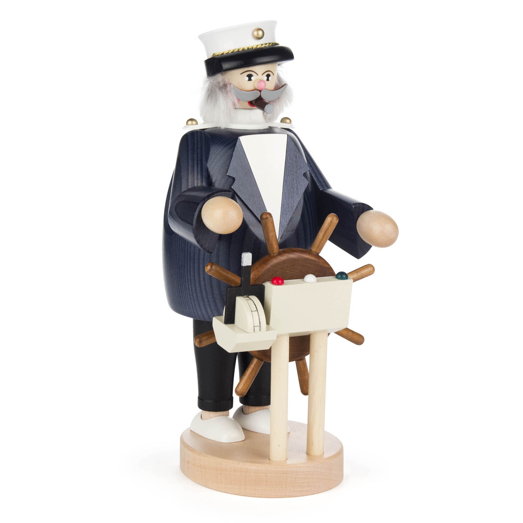 A wooden smoking figure of a sea captain with a beard wearing a captain's hat, standing at a ship's wheel. im Dregeno Online Shop günstig kaufen