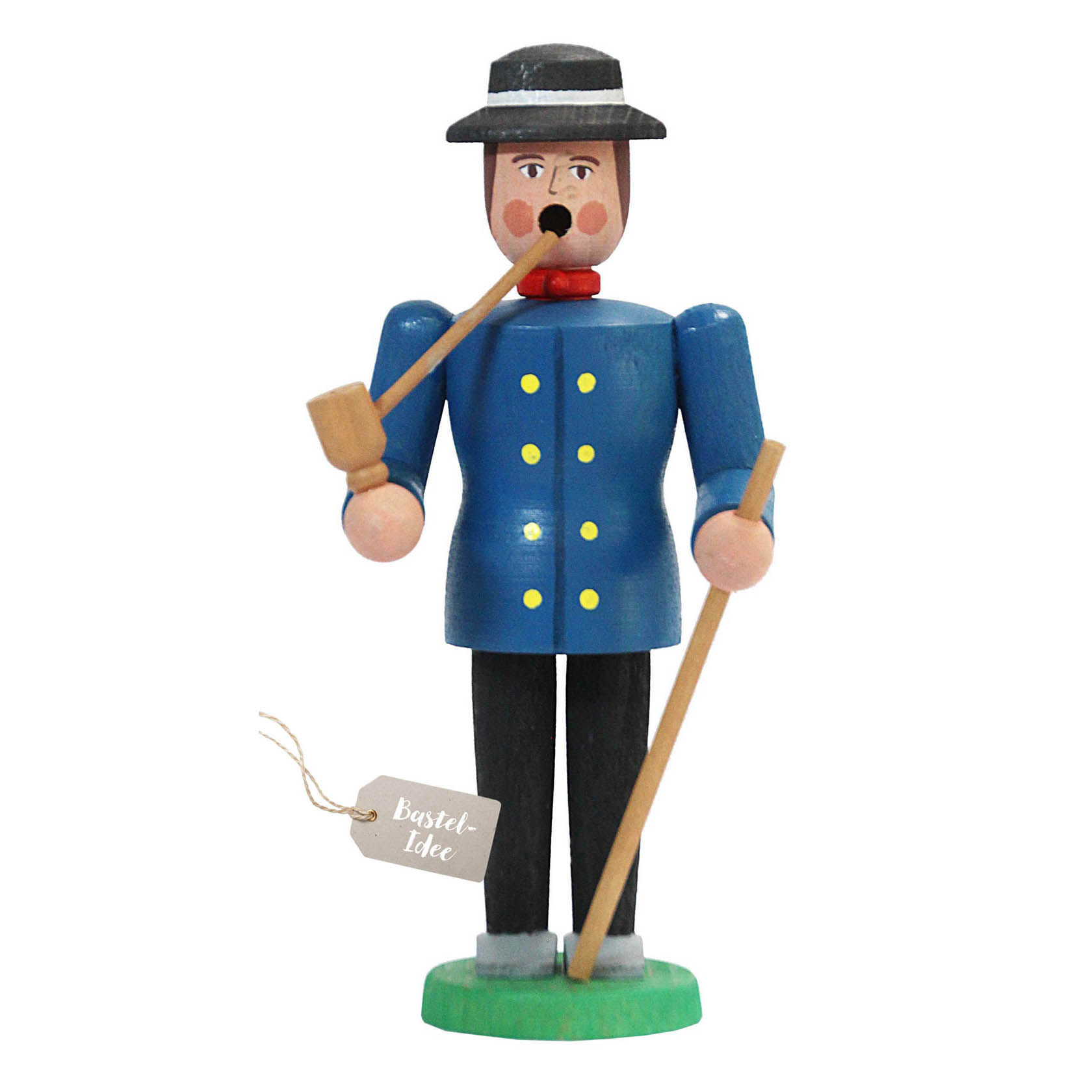 A 20cm tall smoker figure of a shepherd, dressed in a blue coat with yellow buttons, holding a pipe in his mouth and a stick in his hand. im Dregeno Online Shop günstig kaufen