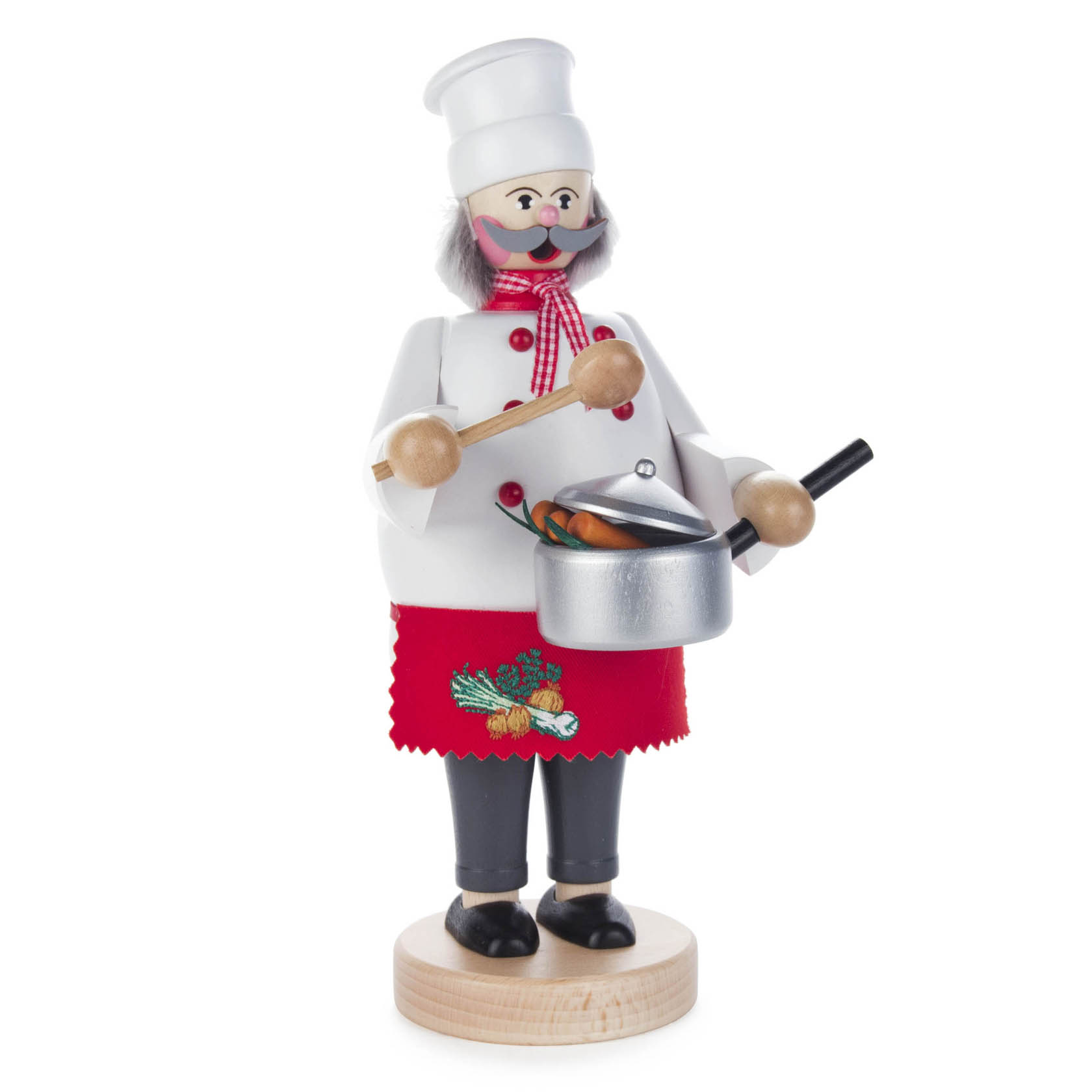 A wooden incense smoker figure of a chef, featuring a white hat and apron, red scarf, and holding a pan with wooden spoons. im Dregeno Online Shop günstig kaufen
