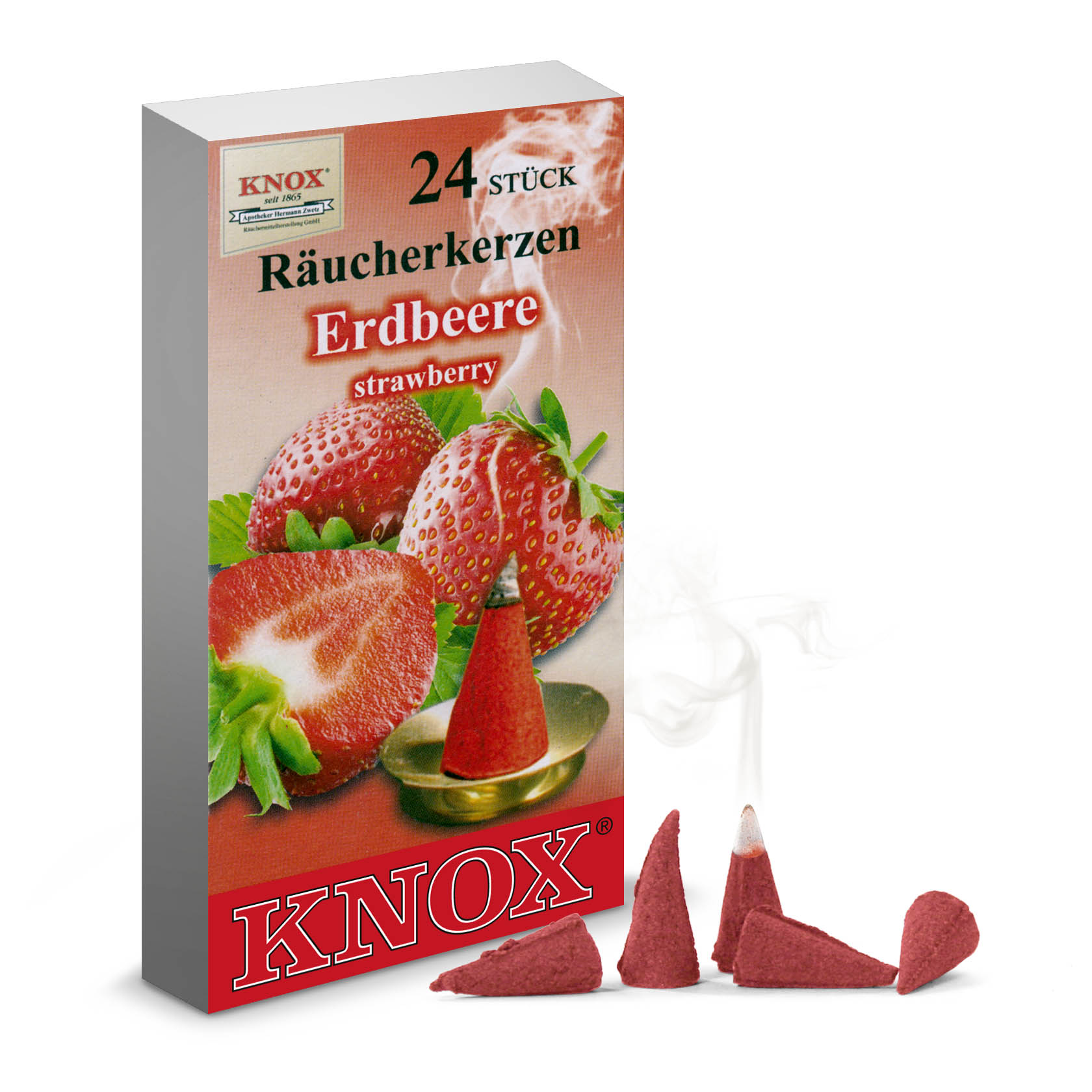 Packung KNOX Räucherkerzen Erdbeere mit 24 Stück. Enthält rote Kegel mit Erdbeerduft und Abbildung von Erdbeeren auf der Verpackung. im Dregeno Online Shop günstig kaufen