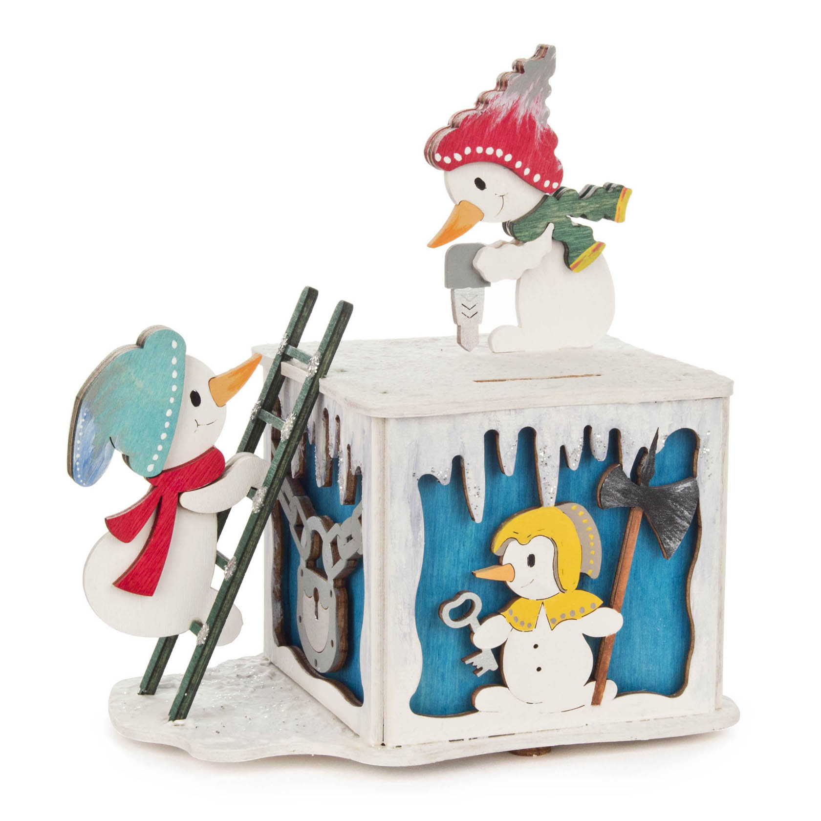 Holzspardose in Form eines Schneemanns mit Leiter, Eiszapfenverzierungen und aufgemalten Enten mit Regenschirm und Axt. im Dregeno Online Shop günstig kaufen