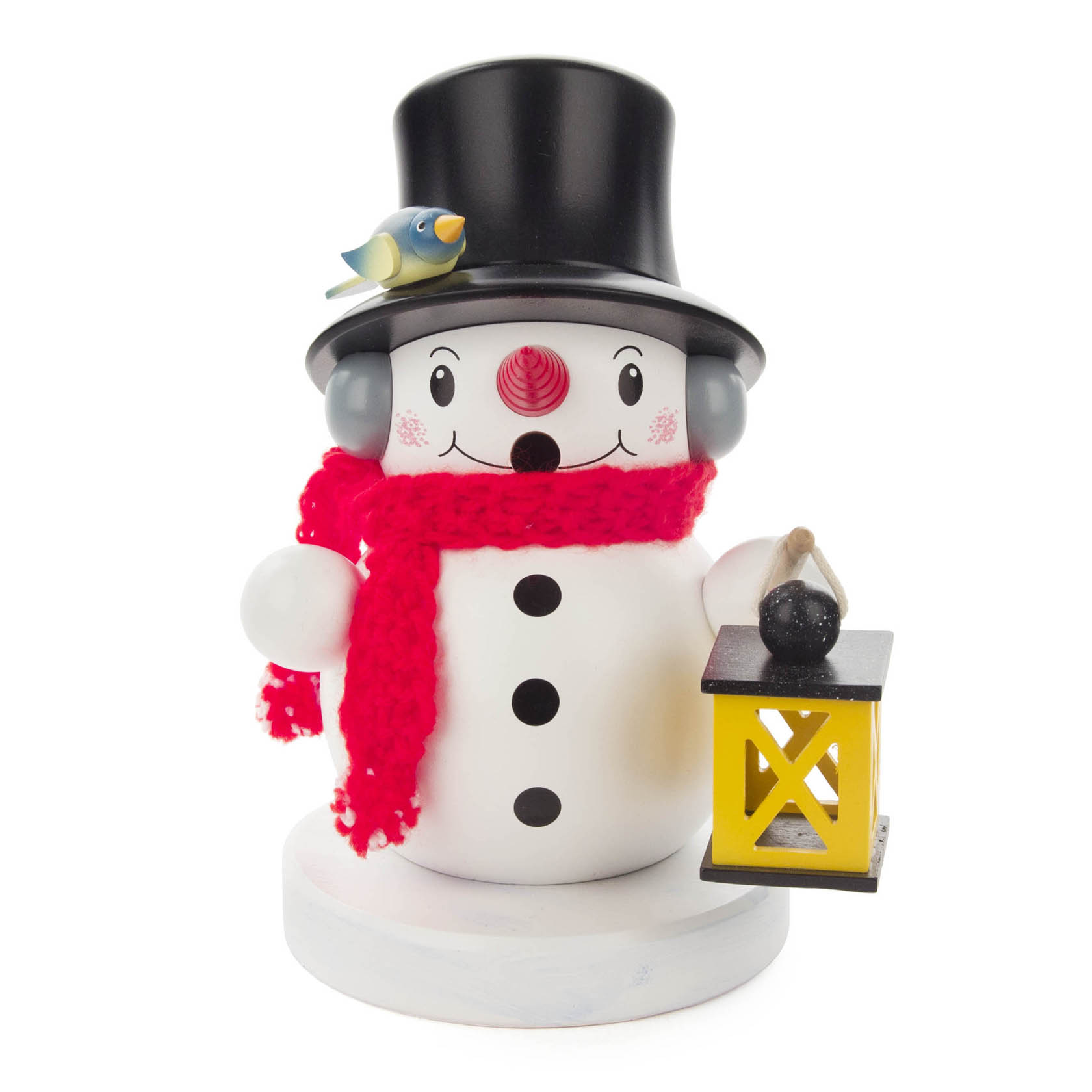 Räuchermann in Form eines Schneemanns mit rotem Schal, Zylinder, Vogel auf dem Hut und gelber Laterne in der Hand.