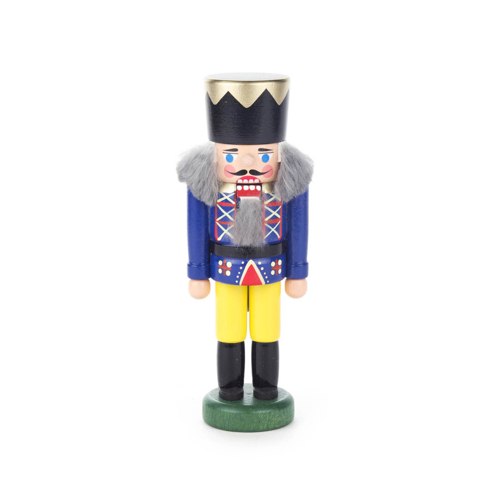 A blue and yellow 14cm Nutcracker King with a tall black crown, grey fluffy hair, and a decorative uniform.