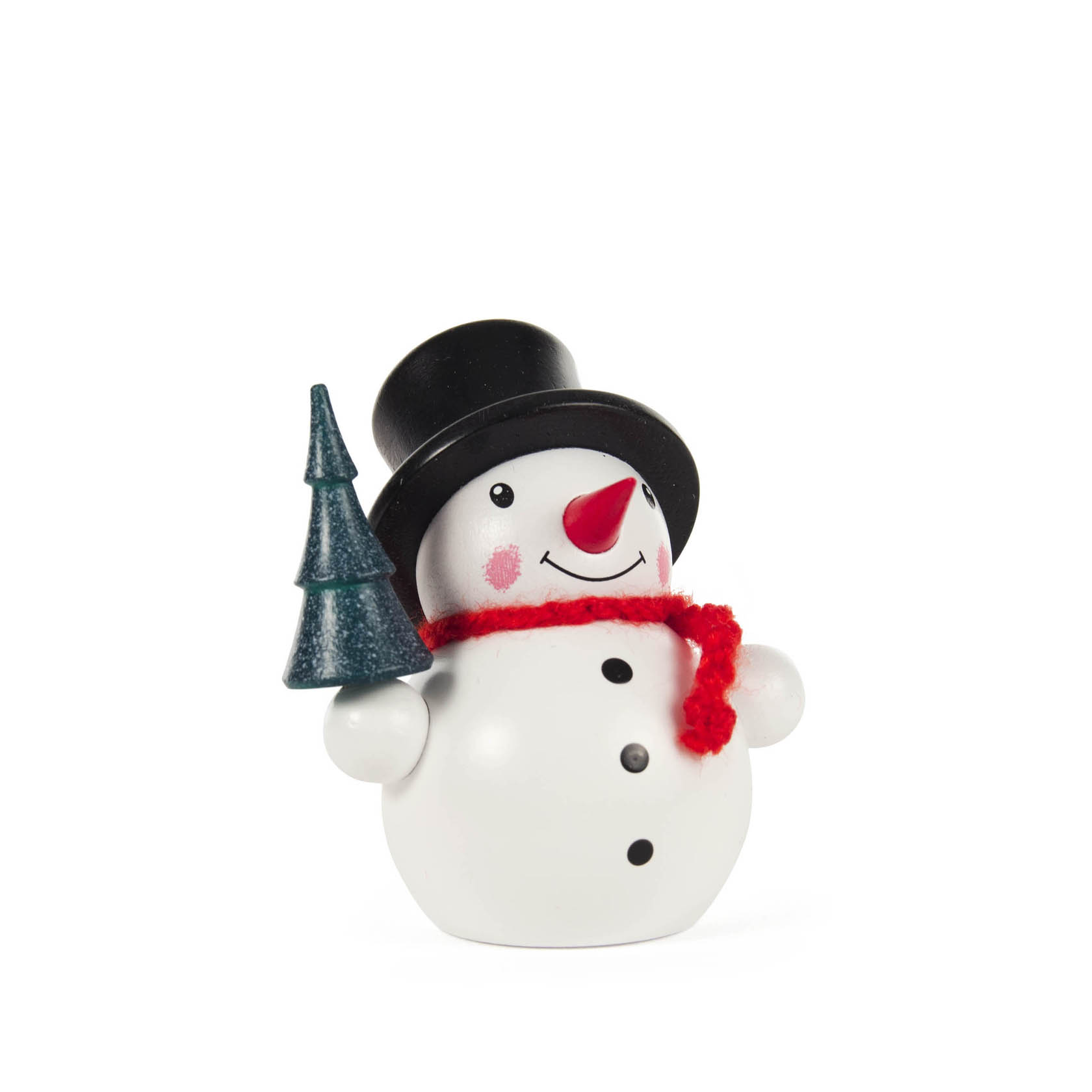 Ein kleiner, lächelnder Schneemann mit rotem Schal, schwarzen Knöpfen und Zylinderhut. In der Hand hält er einen kleinen, grünen Weihnachtsbaum. im Dregeno Online Shop günstig kaufen