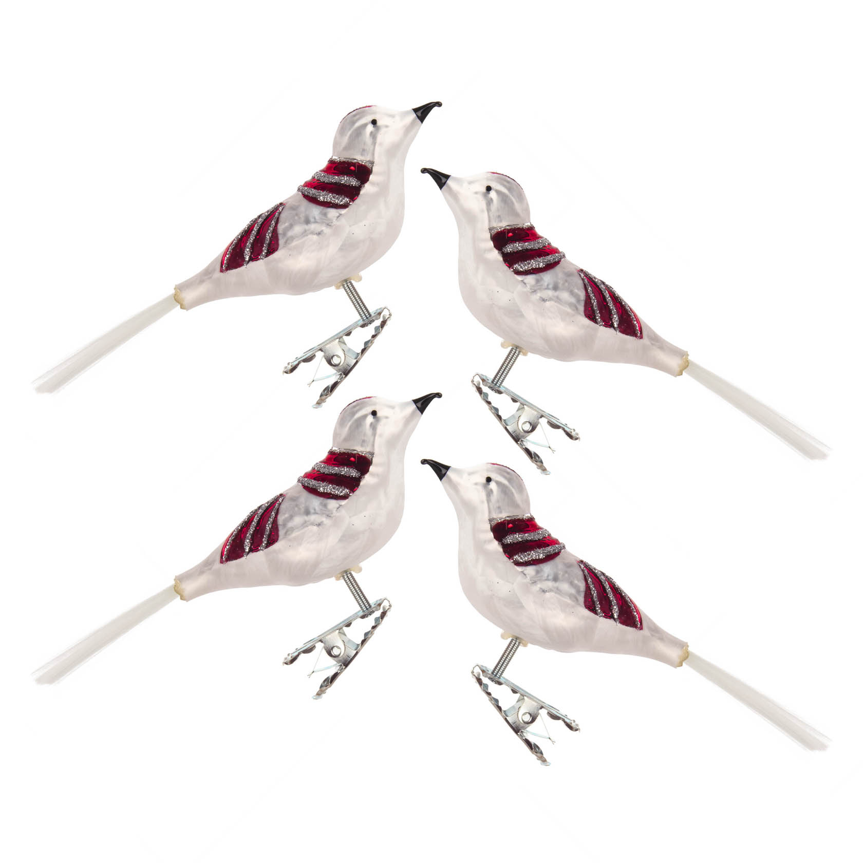 Four glass bird ornaments in ice white with glitter and red stripes, each with a metallic clip for attaching to a Christmas tree.