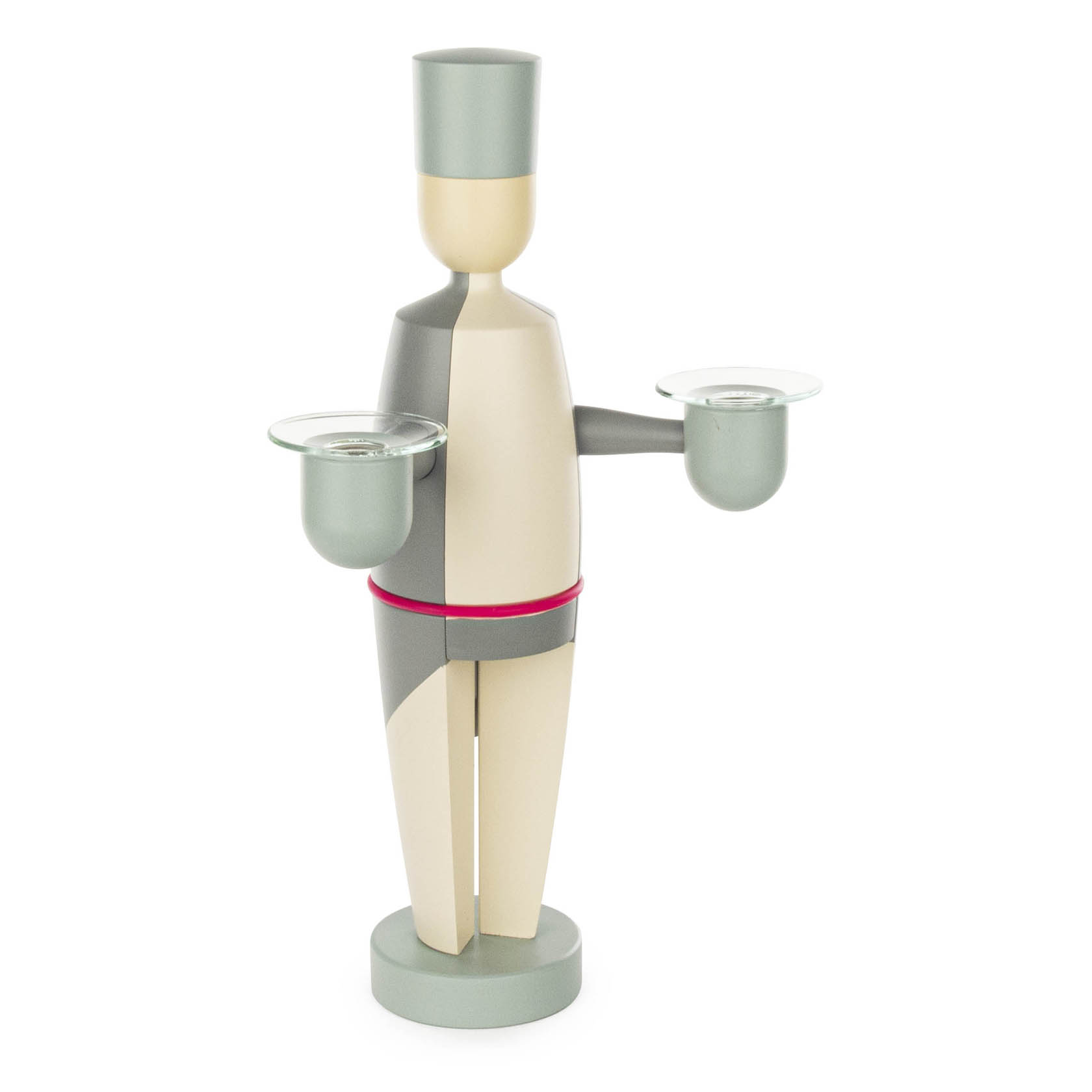 Holzfigur eines Bergmanns mit grauer Uniform, der in beiden Händen einen Kerzenhalter aus Glas trägt, geeignet für 14mm Kerzen.