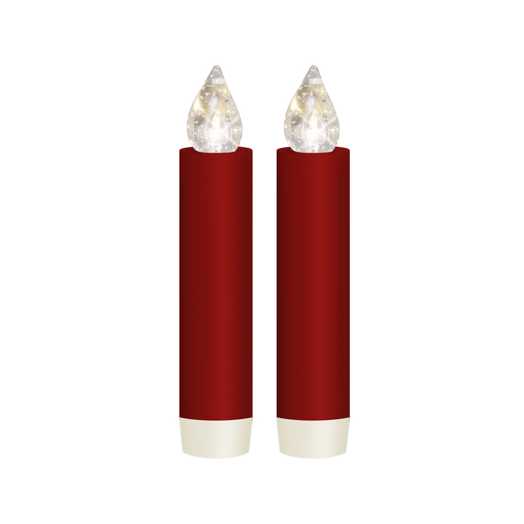 Two red LUMIX CLASSIC MINI S superlight candles with white bases, each equipped with a clear LED light on top.