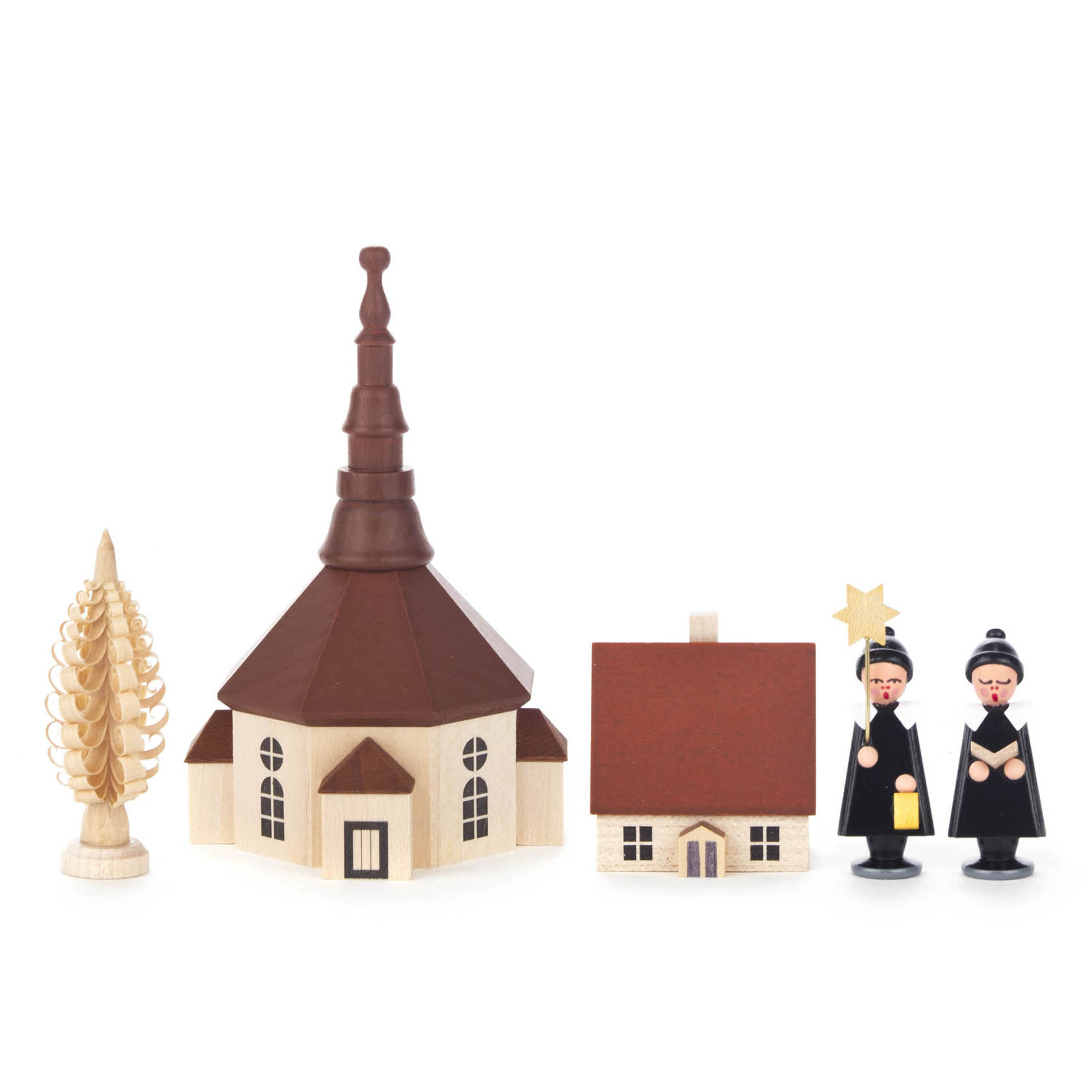 Miniaturset mit zwei singenden Kurrende-Figuren in Schwarz, traditioneller Seiffener Kirche, einem Häuschen und gedrechseltem Baum.