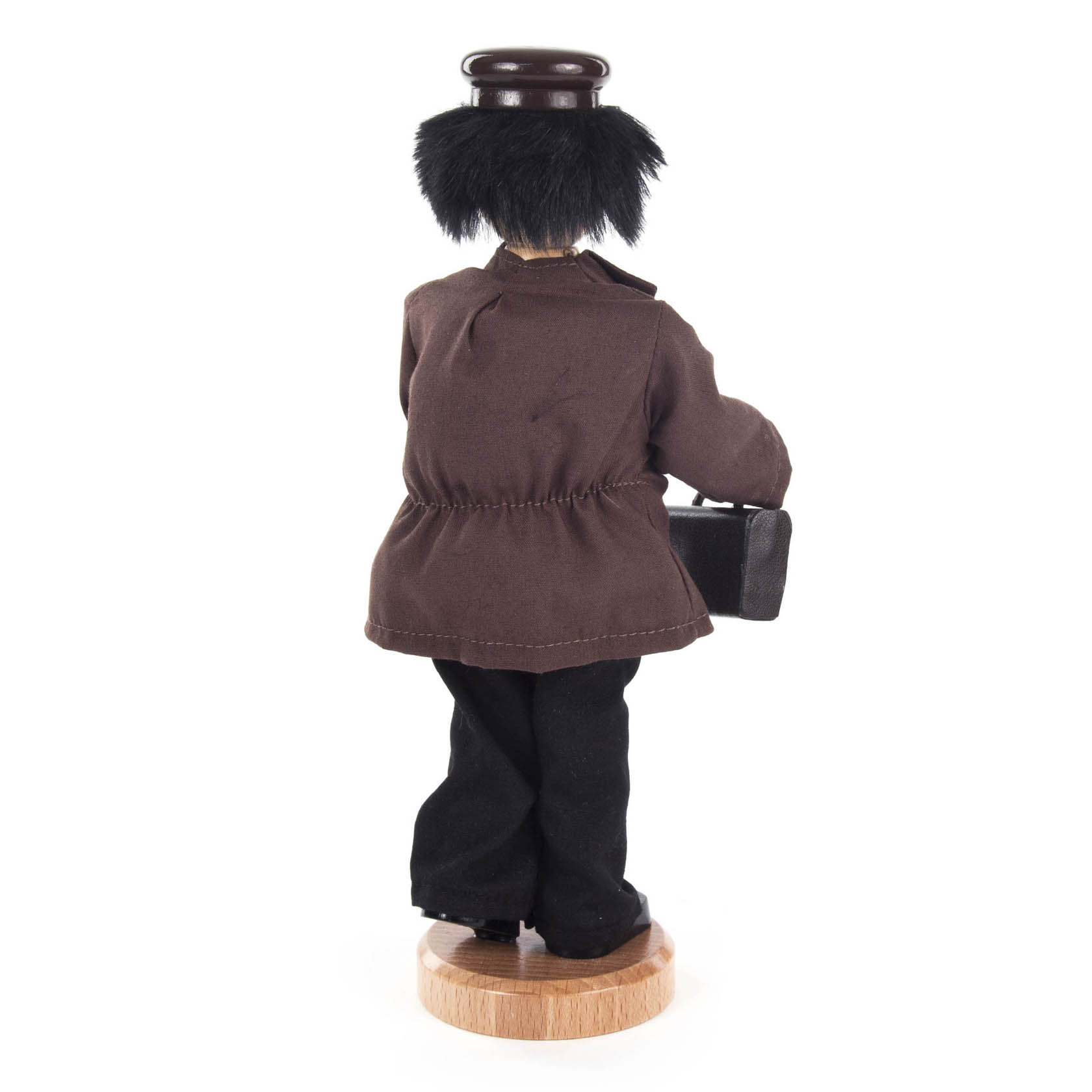 Räuchermannfigur 'Kjeld' aus der Olsenbande, rückseitige Ansicht, mit dunkler Kleidung und schwarzem Koffer in der linken Hand.