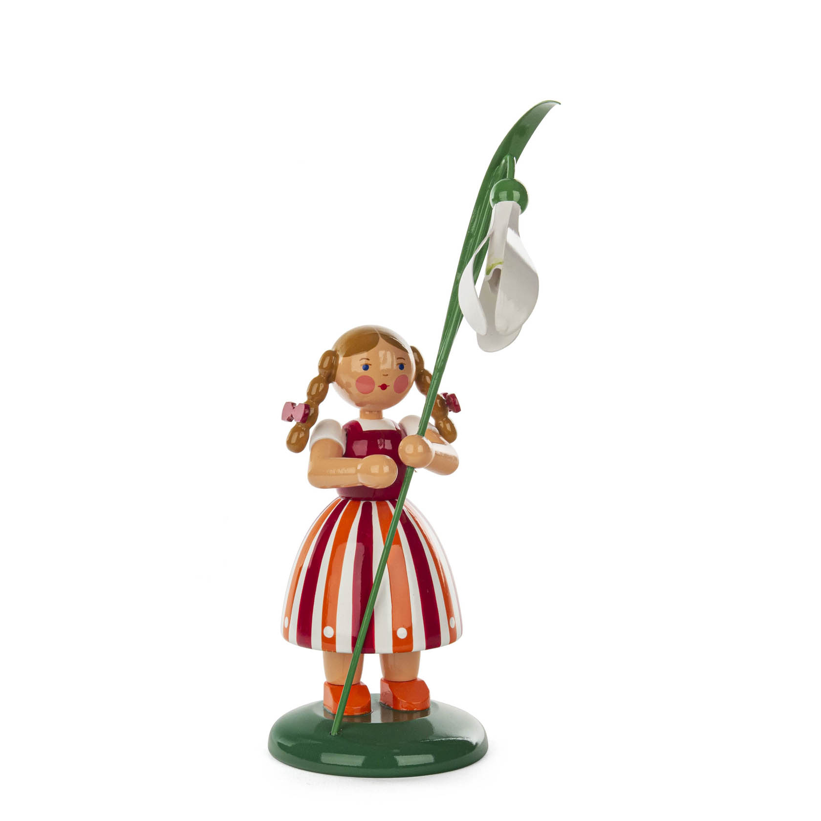 Wooden flower girl figurine holding a large snowdrop flower, dressed in red-striped skirt and pink top, with braided hair. im Dregeno Online Shop günstig kaufen